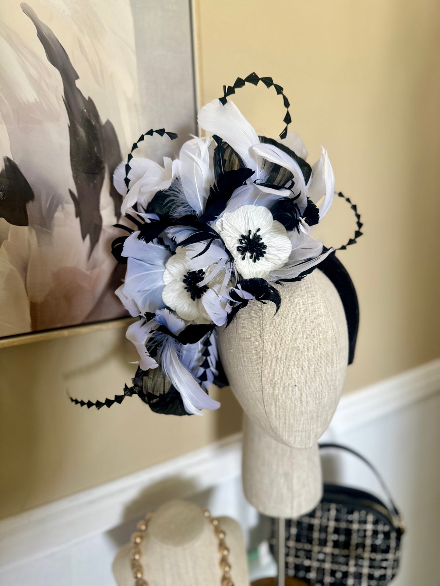 “Candice” black and white feather floral