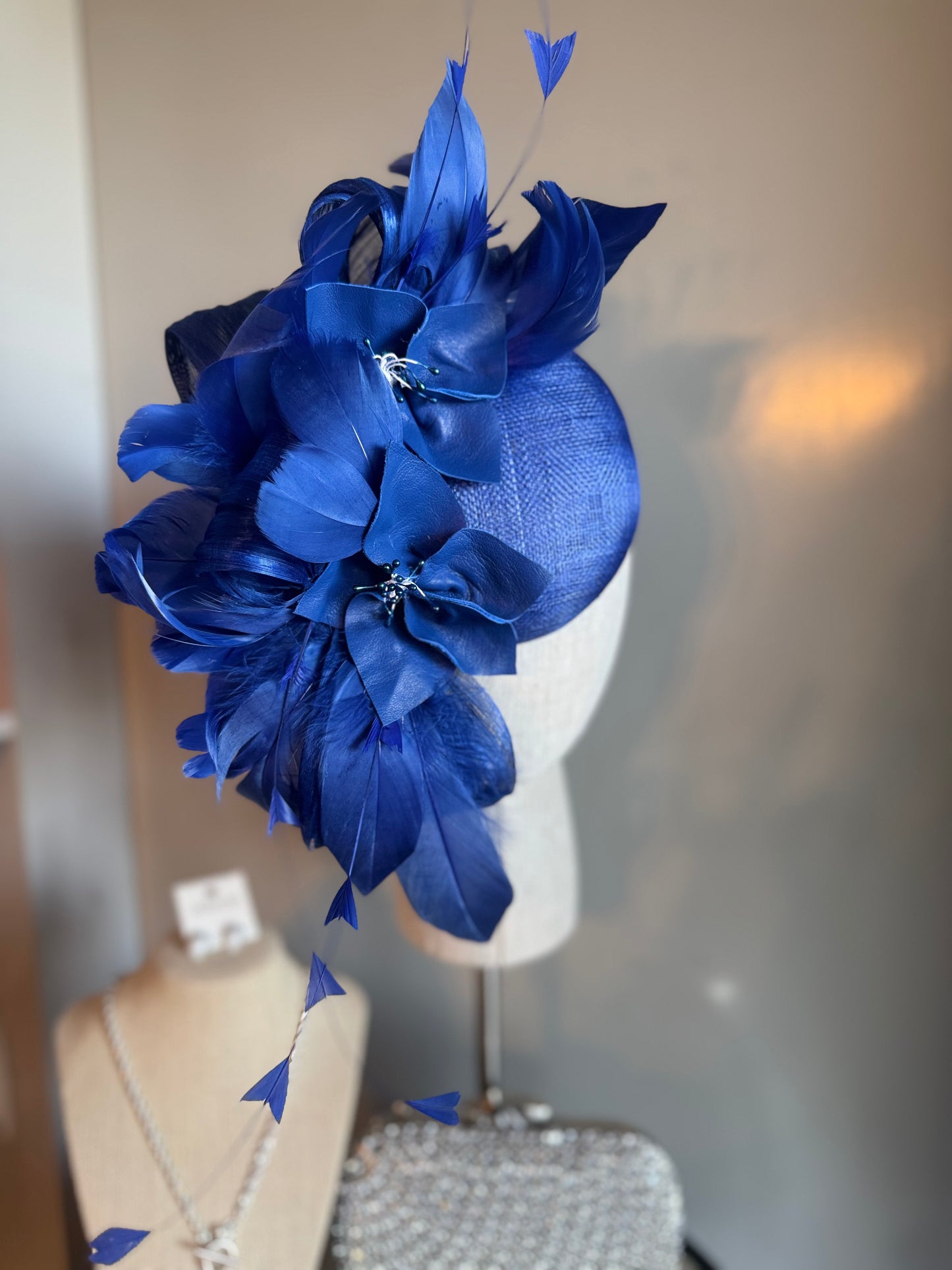 “Felicity” Blue feather & leather floral