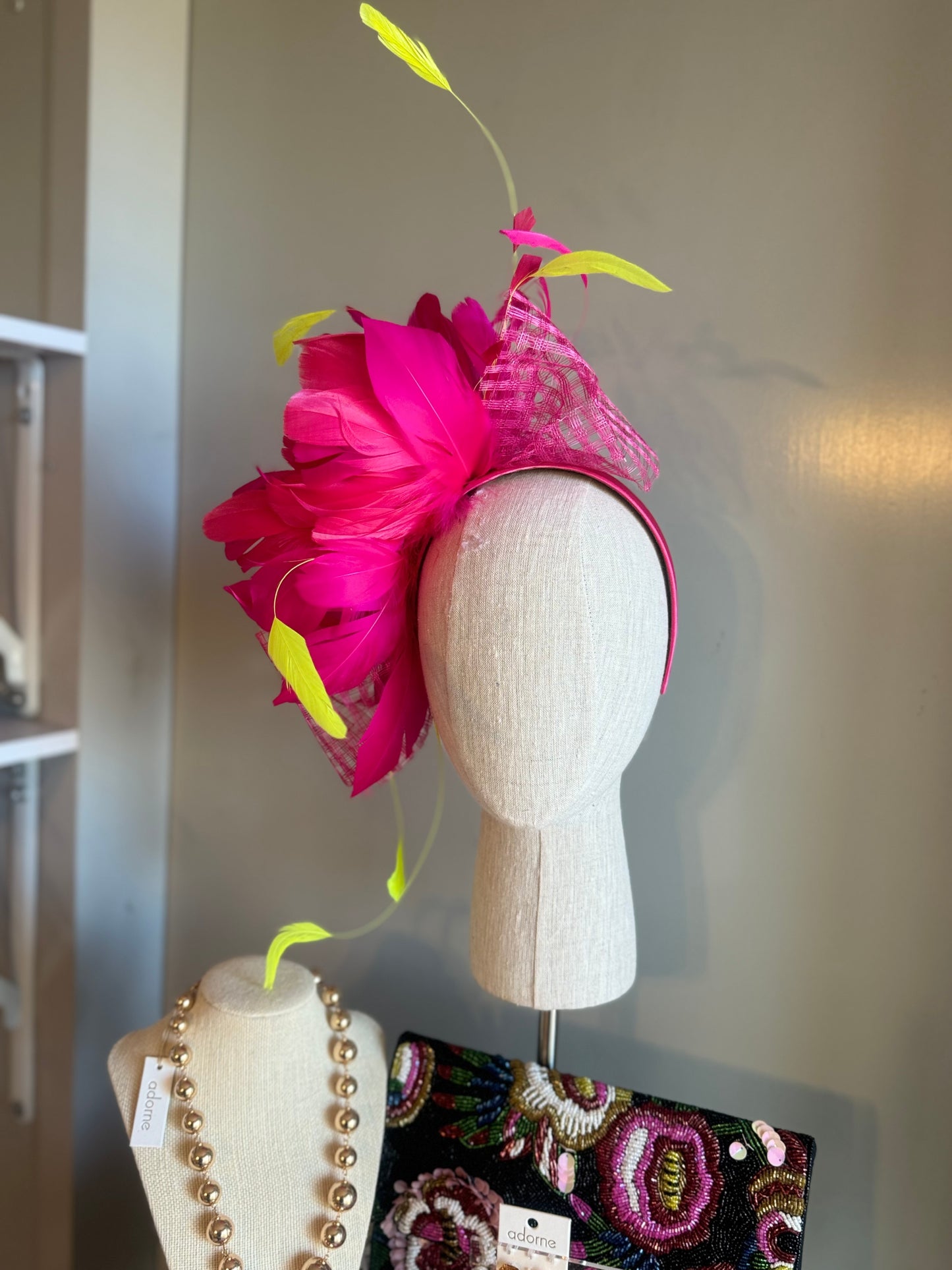 “Montanna” hot pink & neon feather fascinator