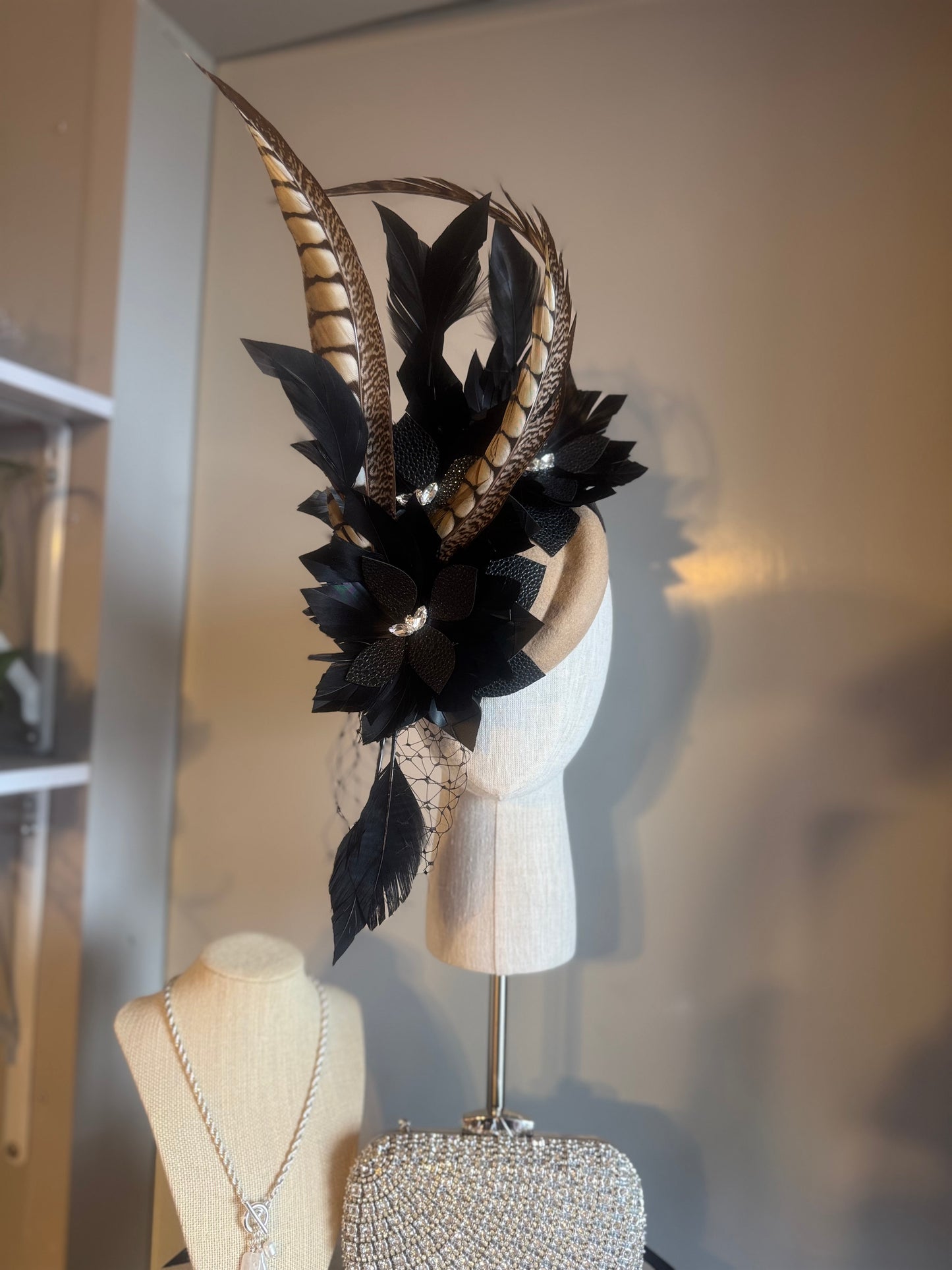 “Dimity” black latte feather pleather statement pillbox