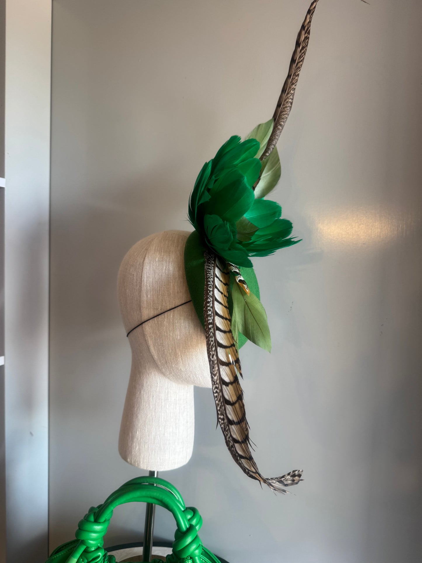 “Carla” Green feather statement felt/wool pillbox