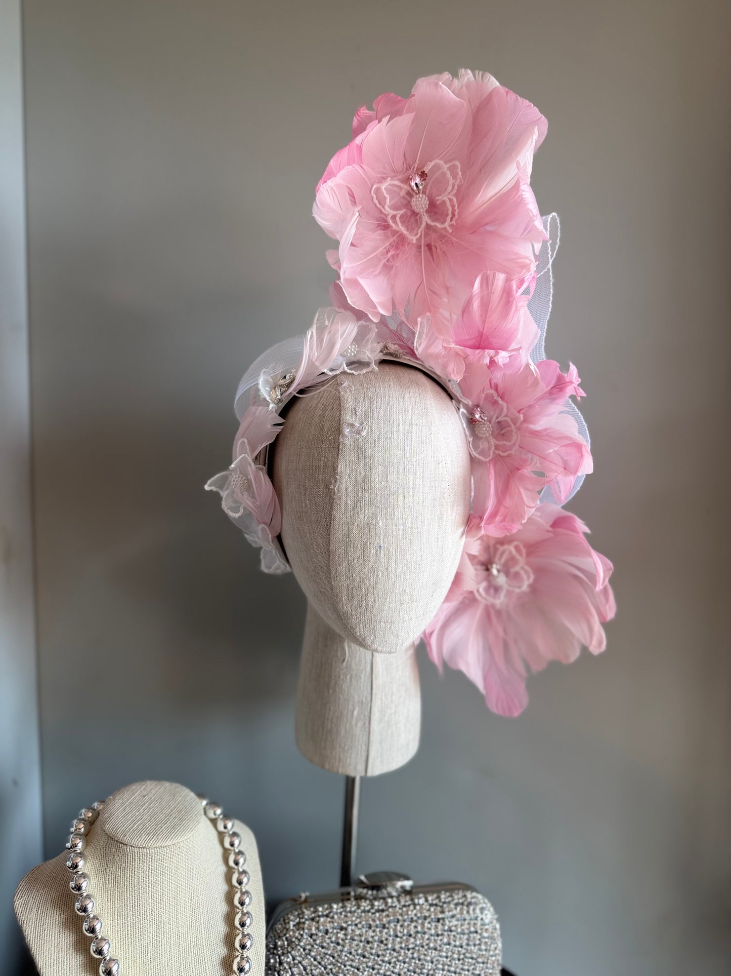 “Phoebe” pink & white lace feather floating statement