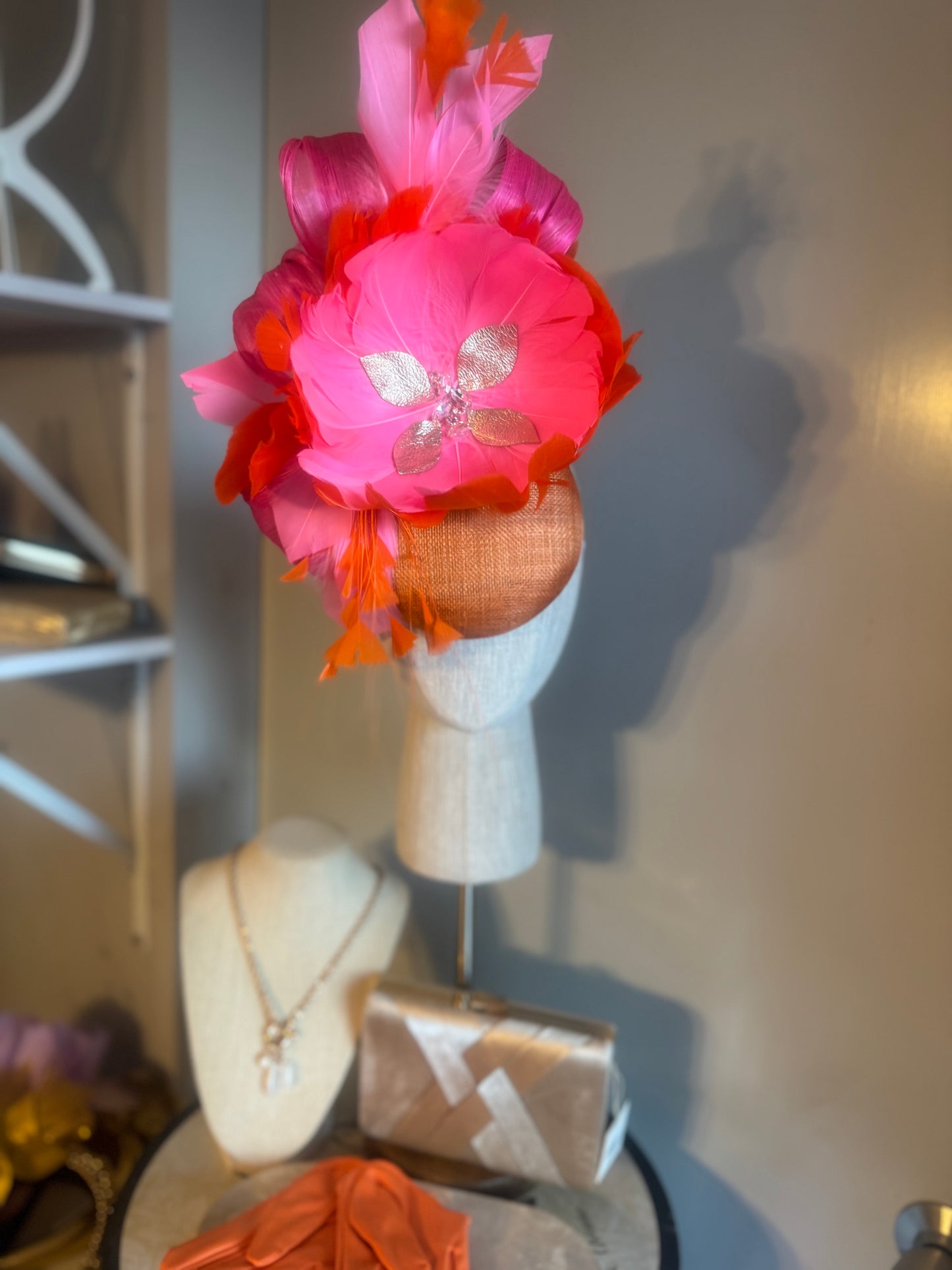 “Eleni” orange, pink & rose gold feather statement