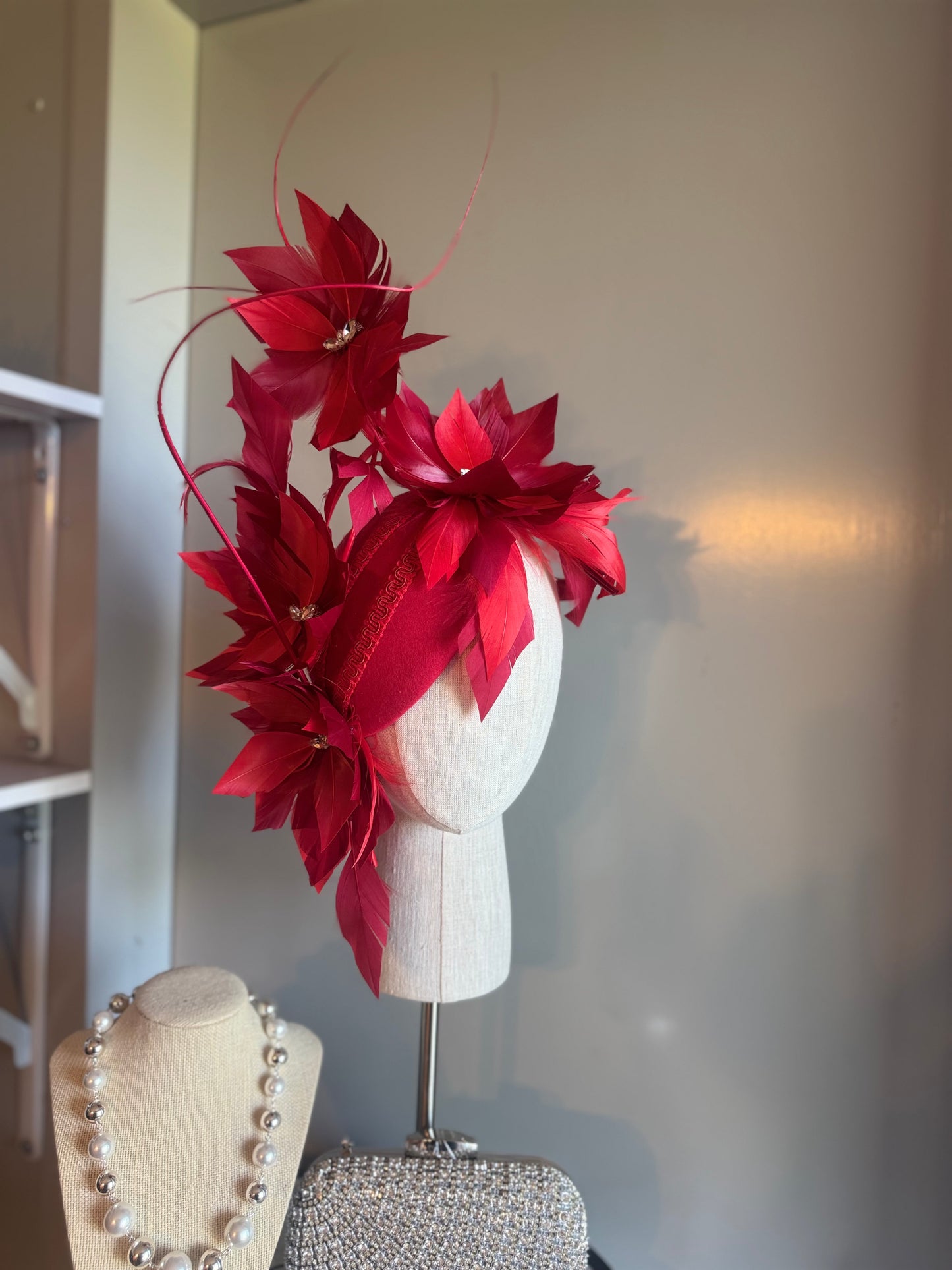 “Odette” Red feather statement felt/wool pillbox