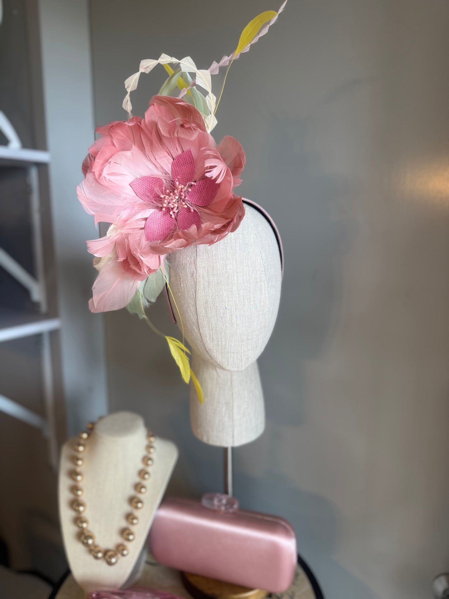 “Fleur” soft pinks,greens & yellow feather floral