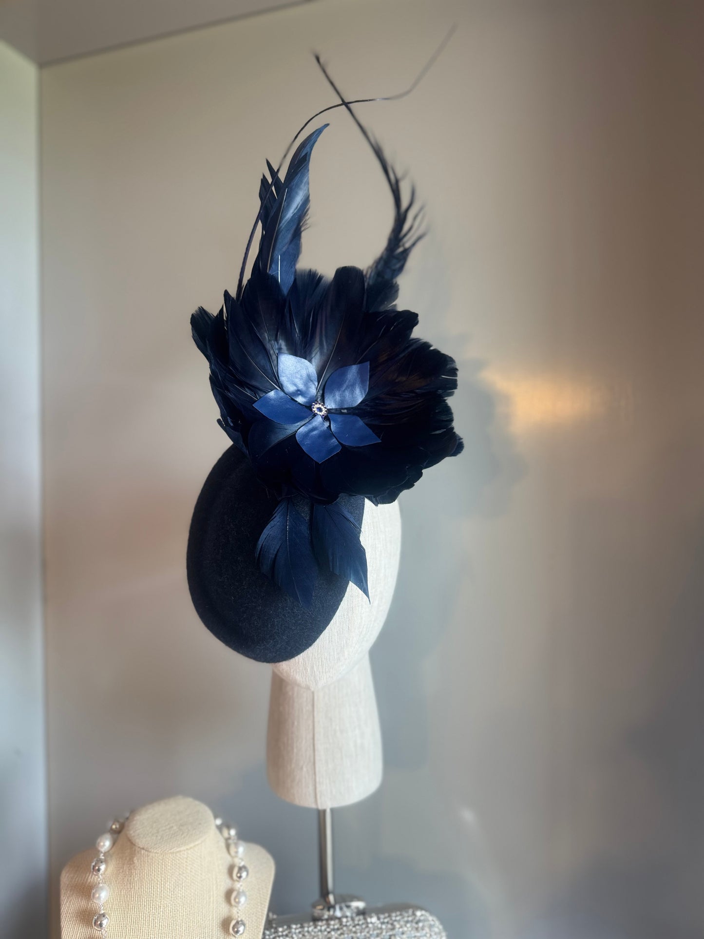 “Morgan” Navy feather statement pillbox