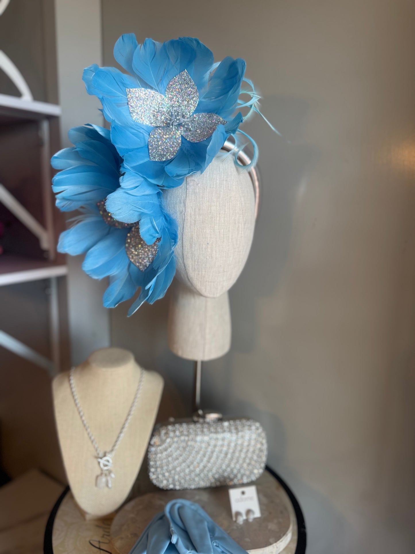 “Jeanada” baby blue & silver feather statement