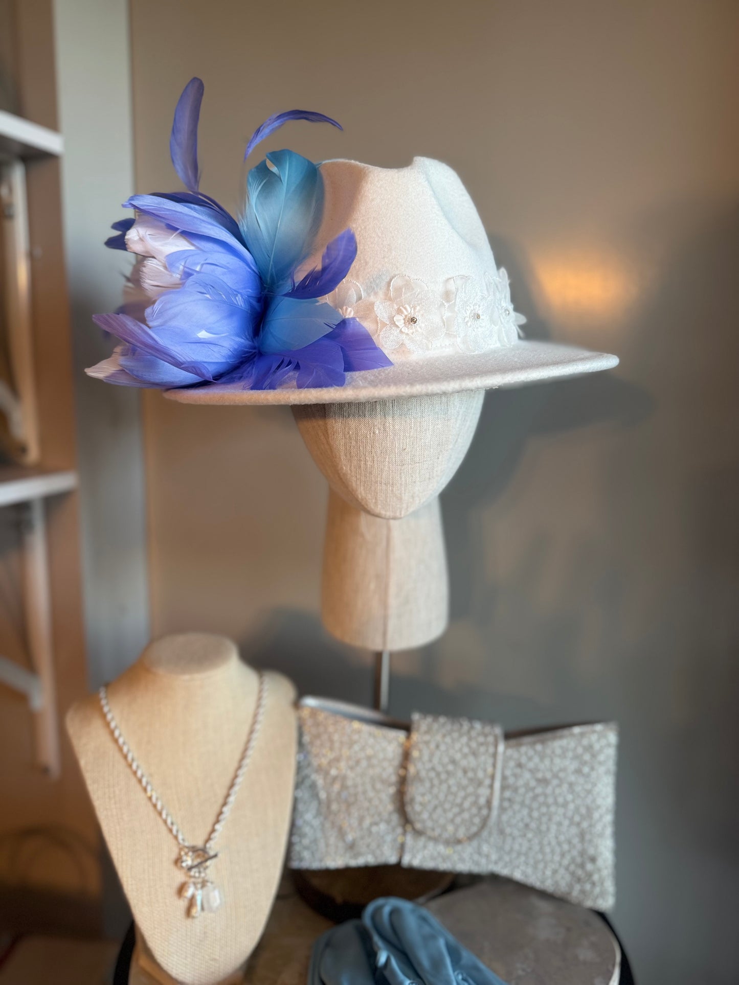 “Clarissa” white & blue trilby hat