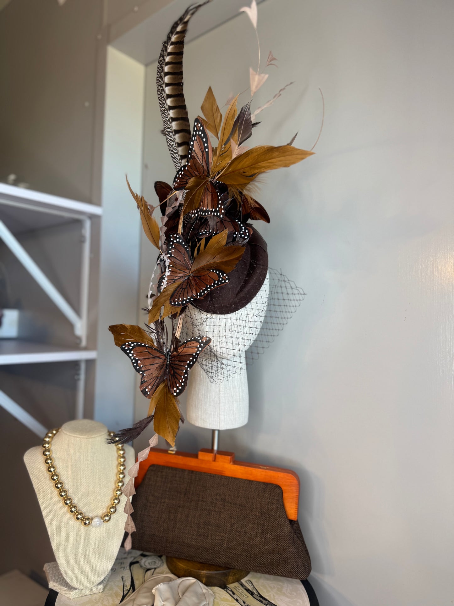 “Iris” Brown feater Butterfly felt/wool statement