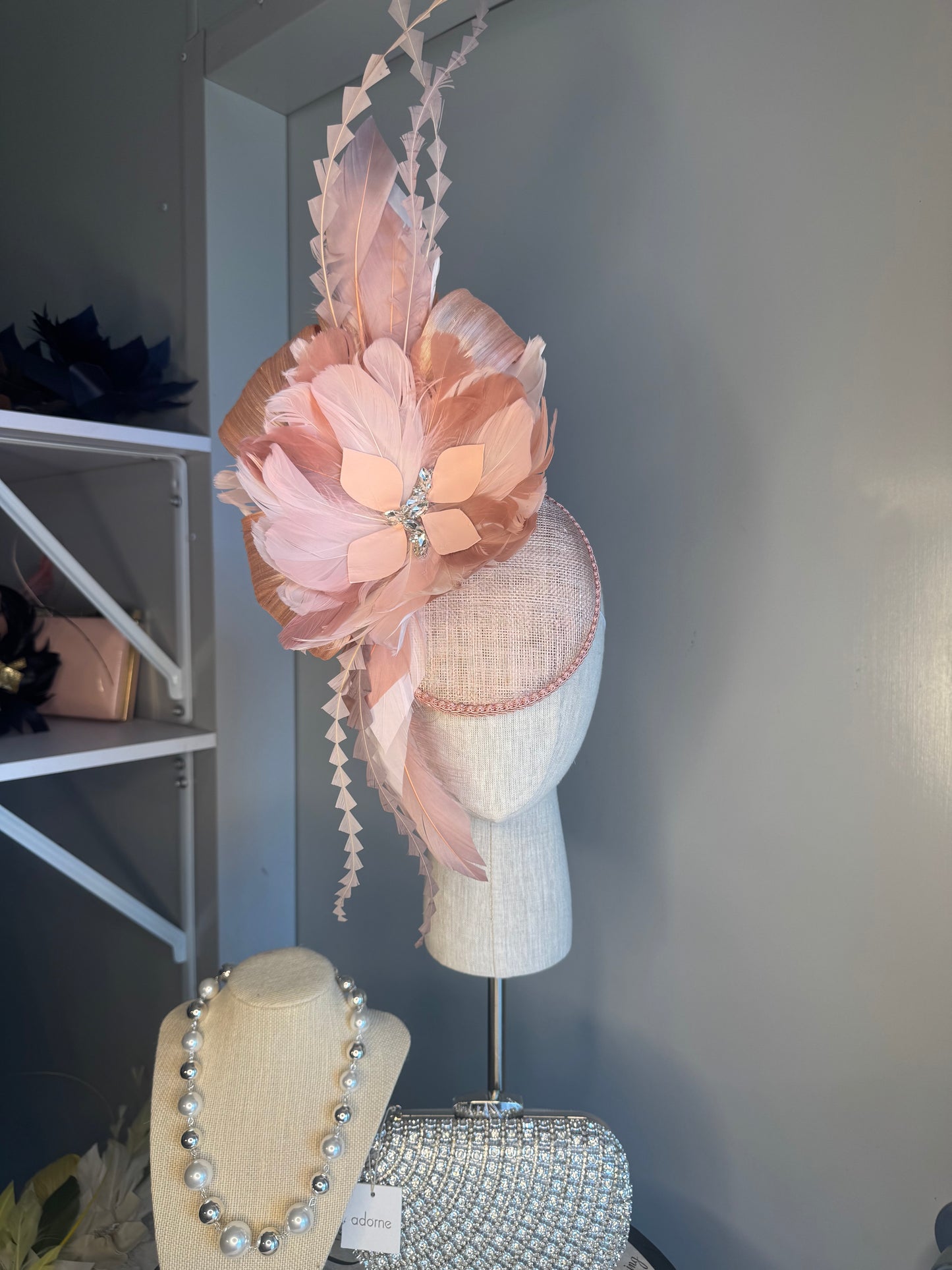 “Melinda” blush pink feather statement