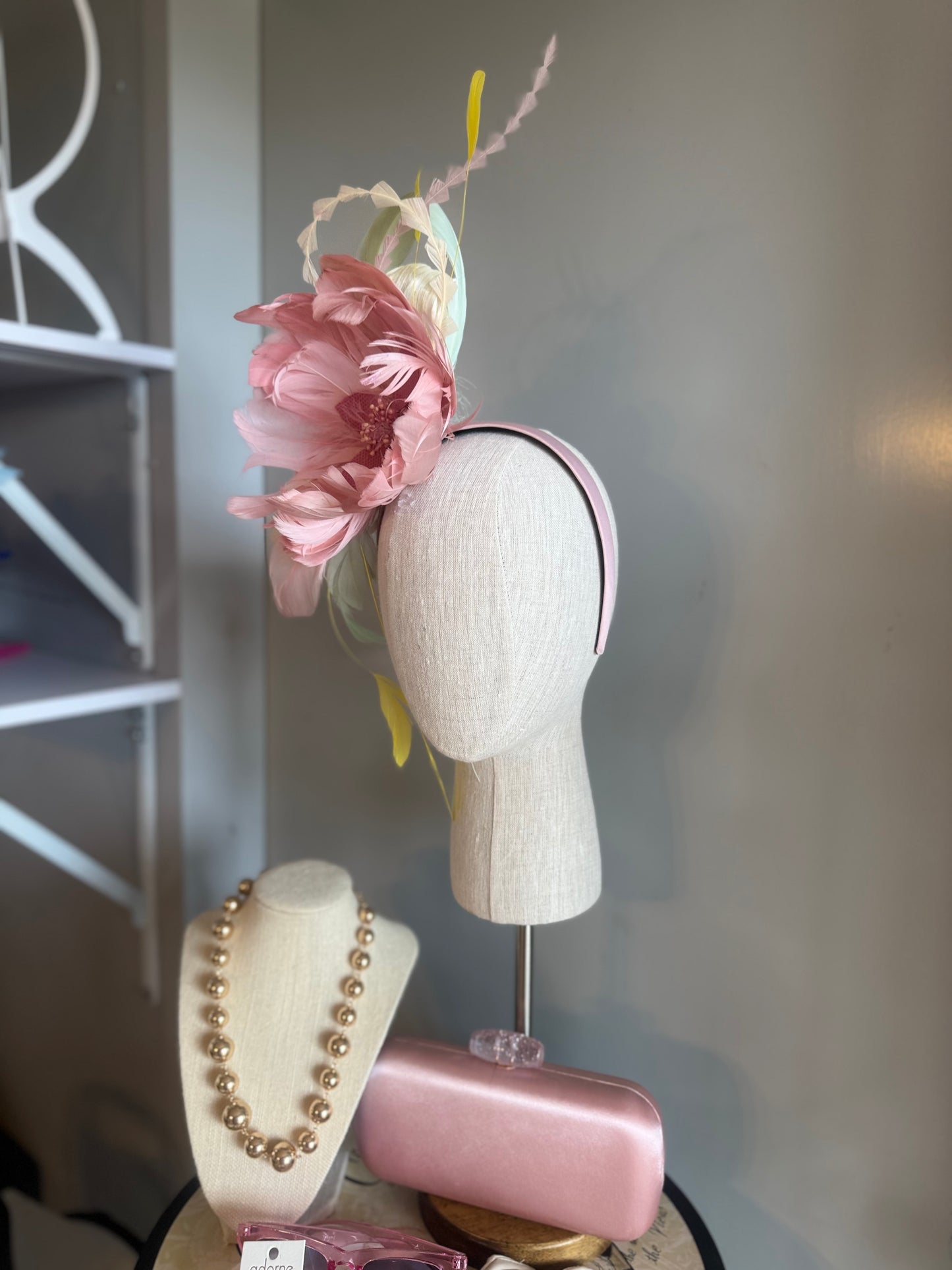 “Fleur” soft pinks,greens & yellow feather floral