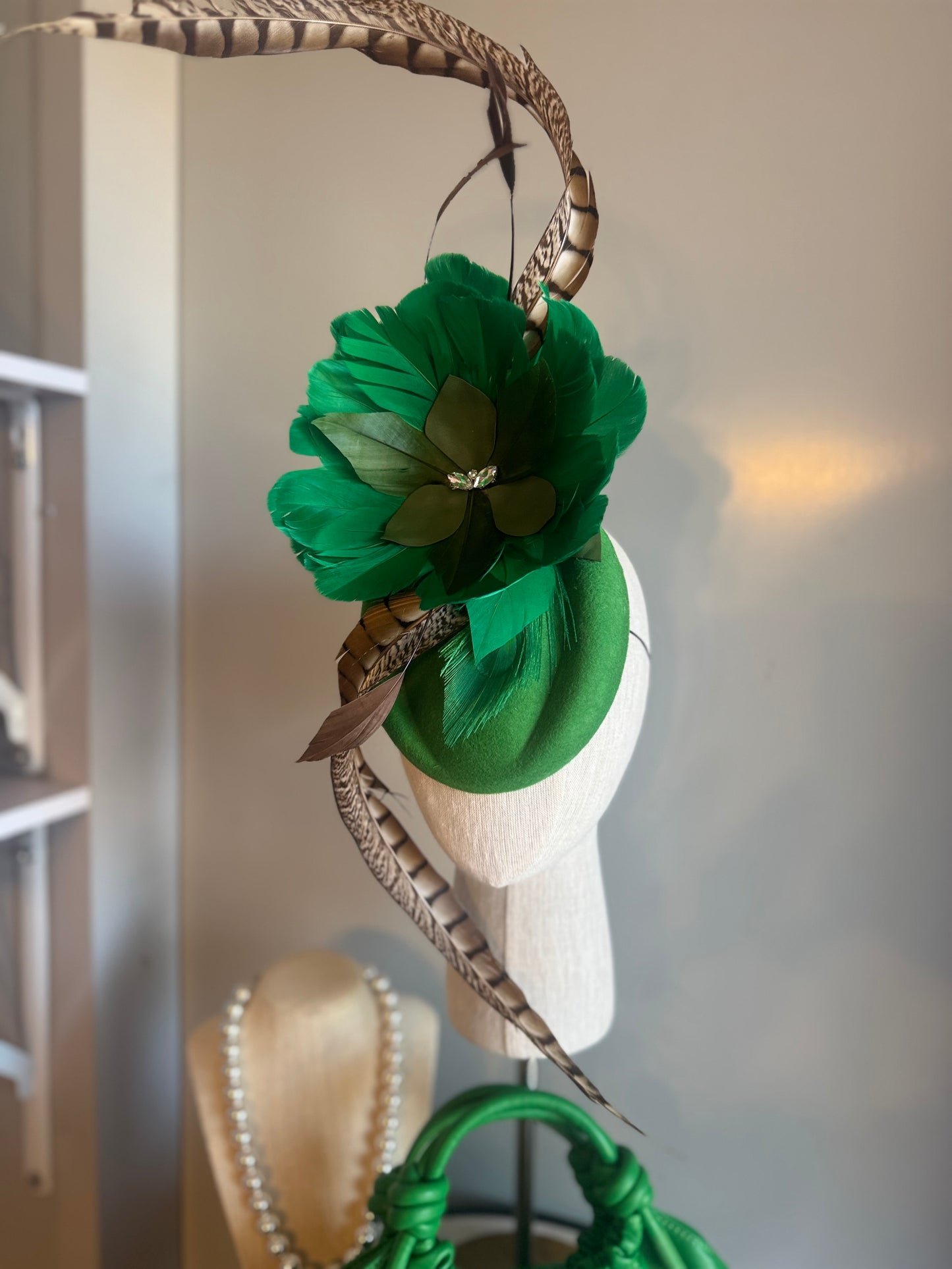 “Sim” Green feather statement pillbox