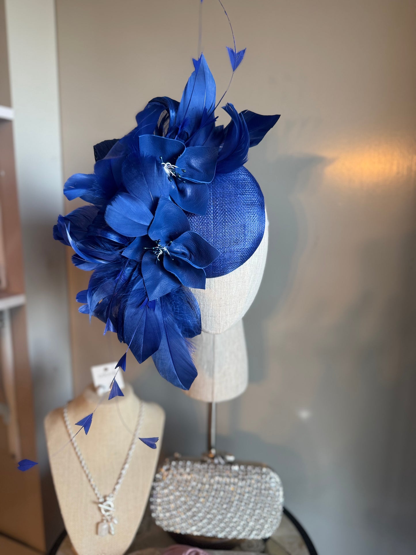 “Felicity” Blue feather & leather floral
