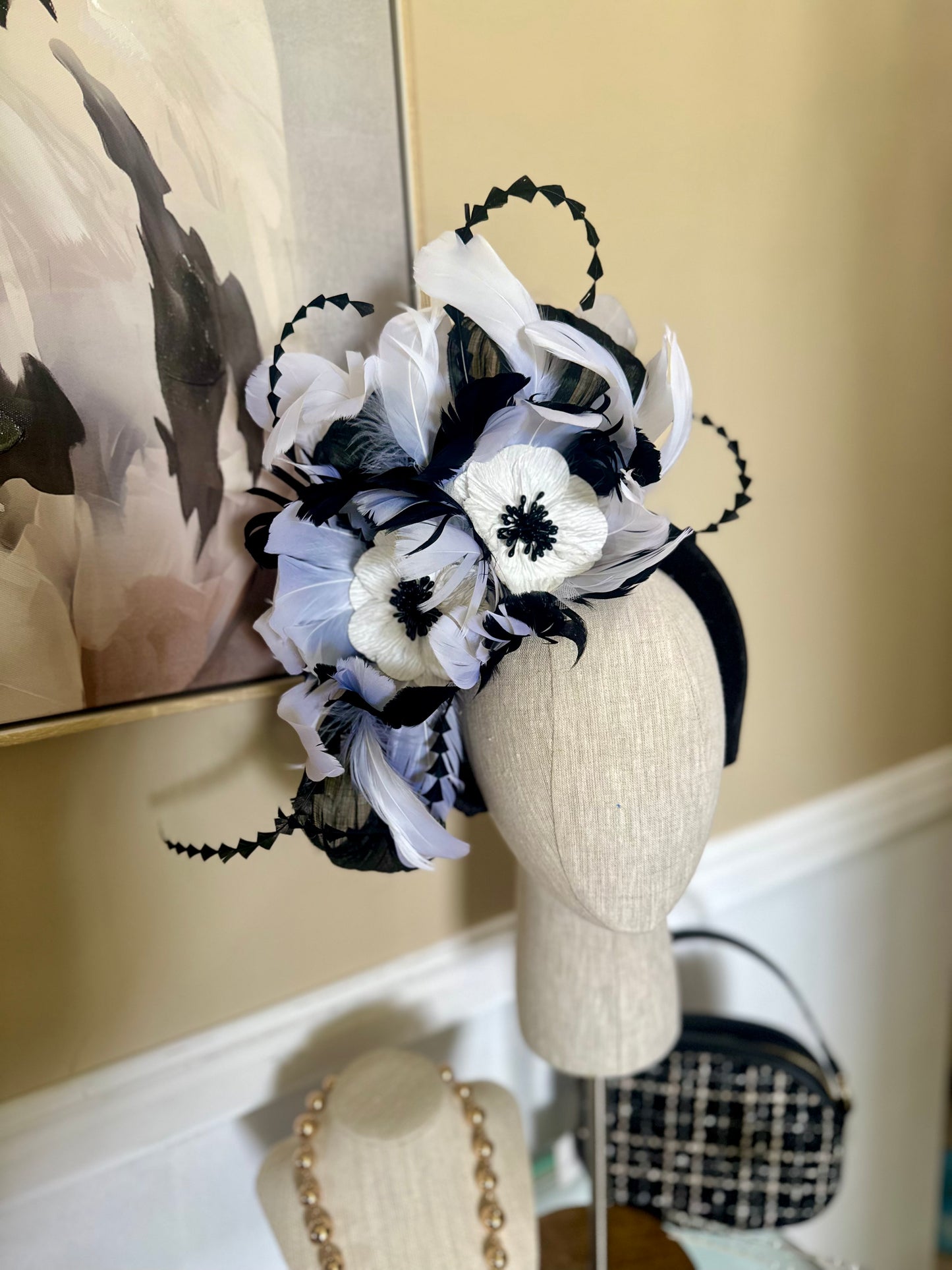 “Candice” black and white feather floral