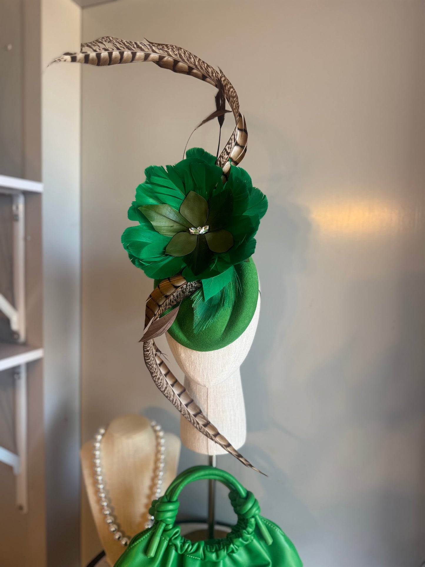 “Sim” Green feather statement pillbox