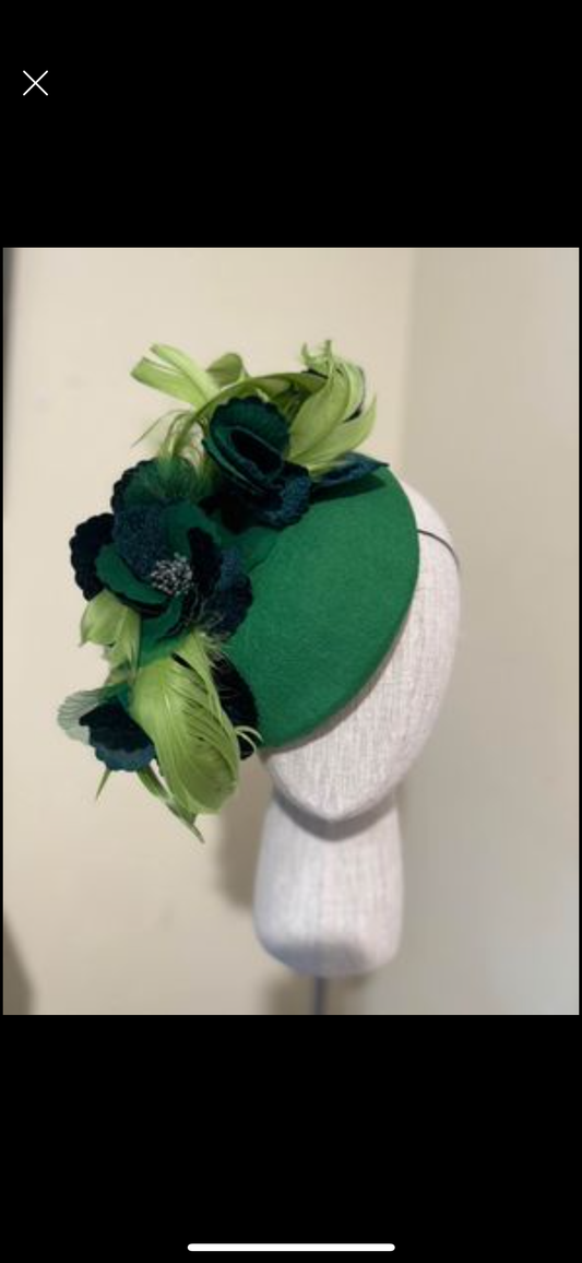 Green floral felt/wool pillbox