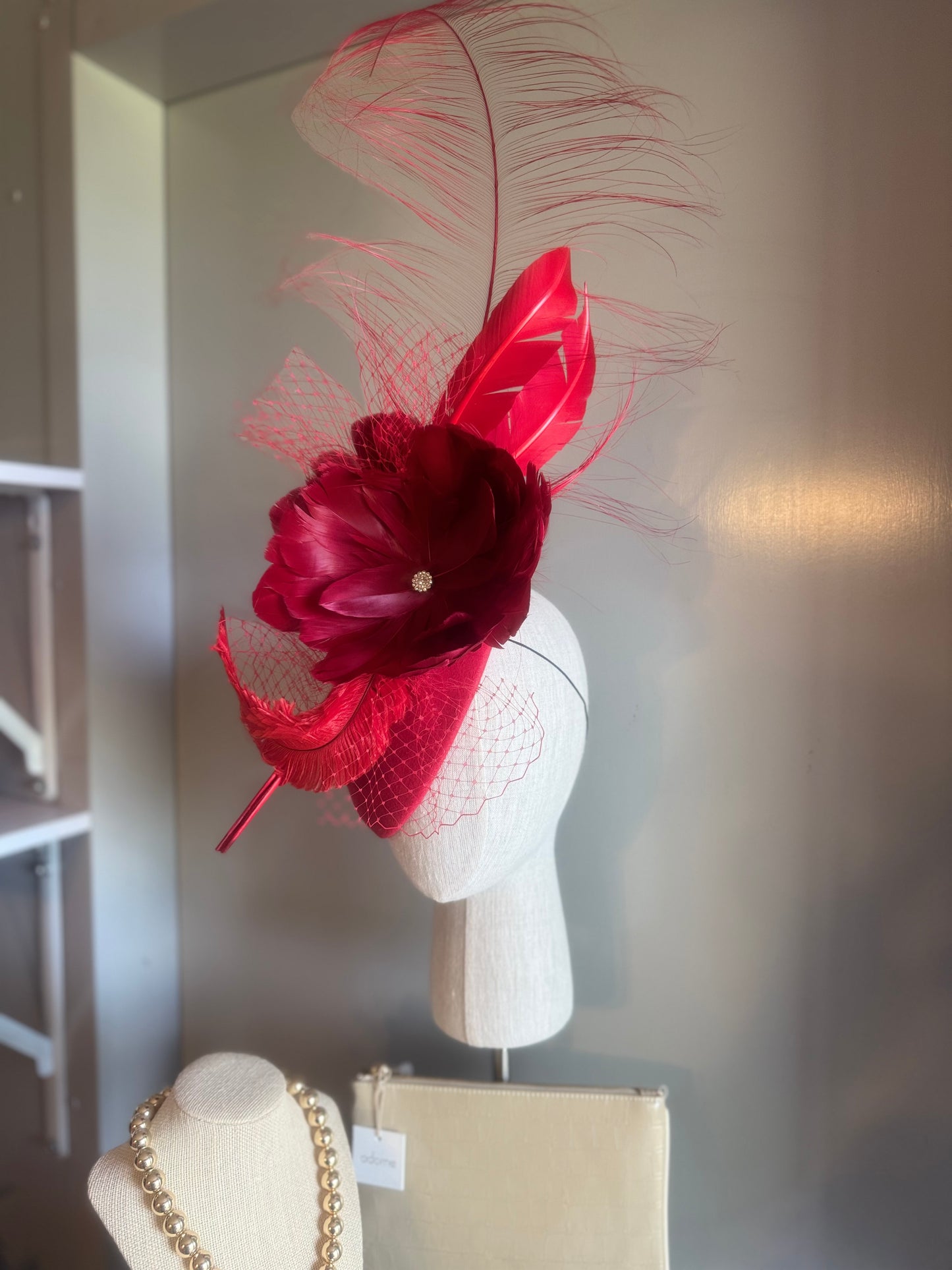 “Porsha” red feather statement pillbox