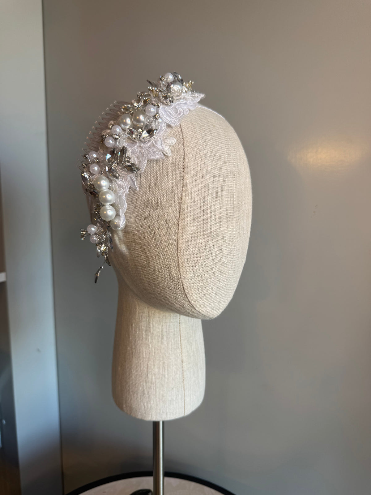 “Mary Jane” White pearl lace headpiece