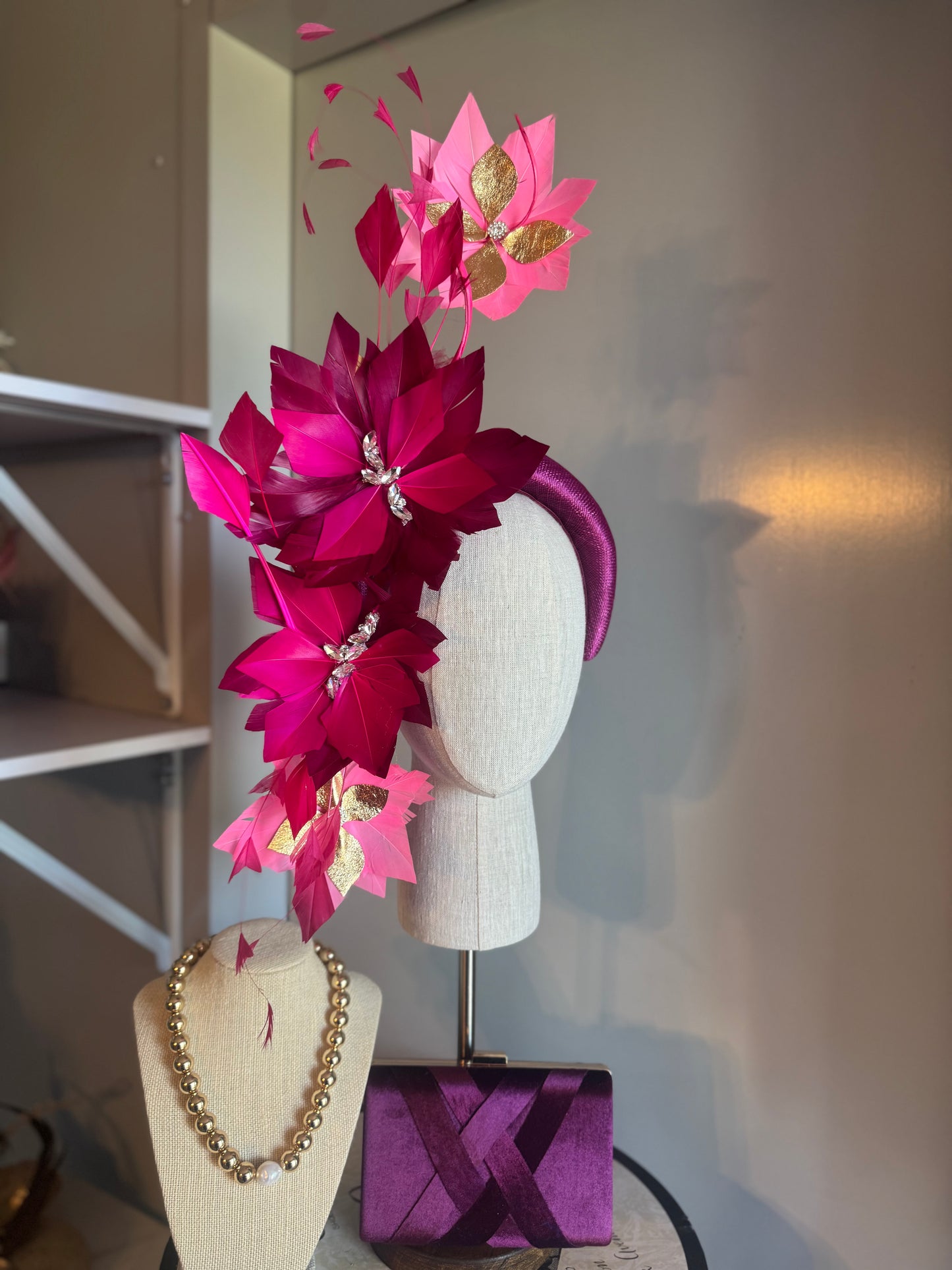 “Bridgette” magenta hot pink & gold feather statement