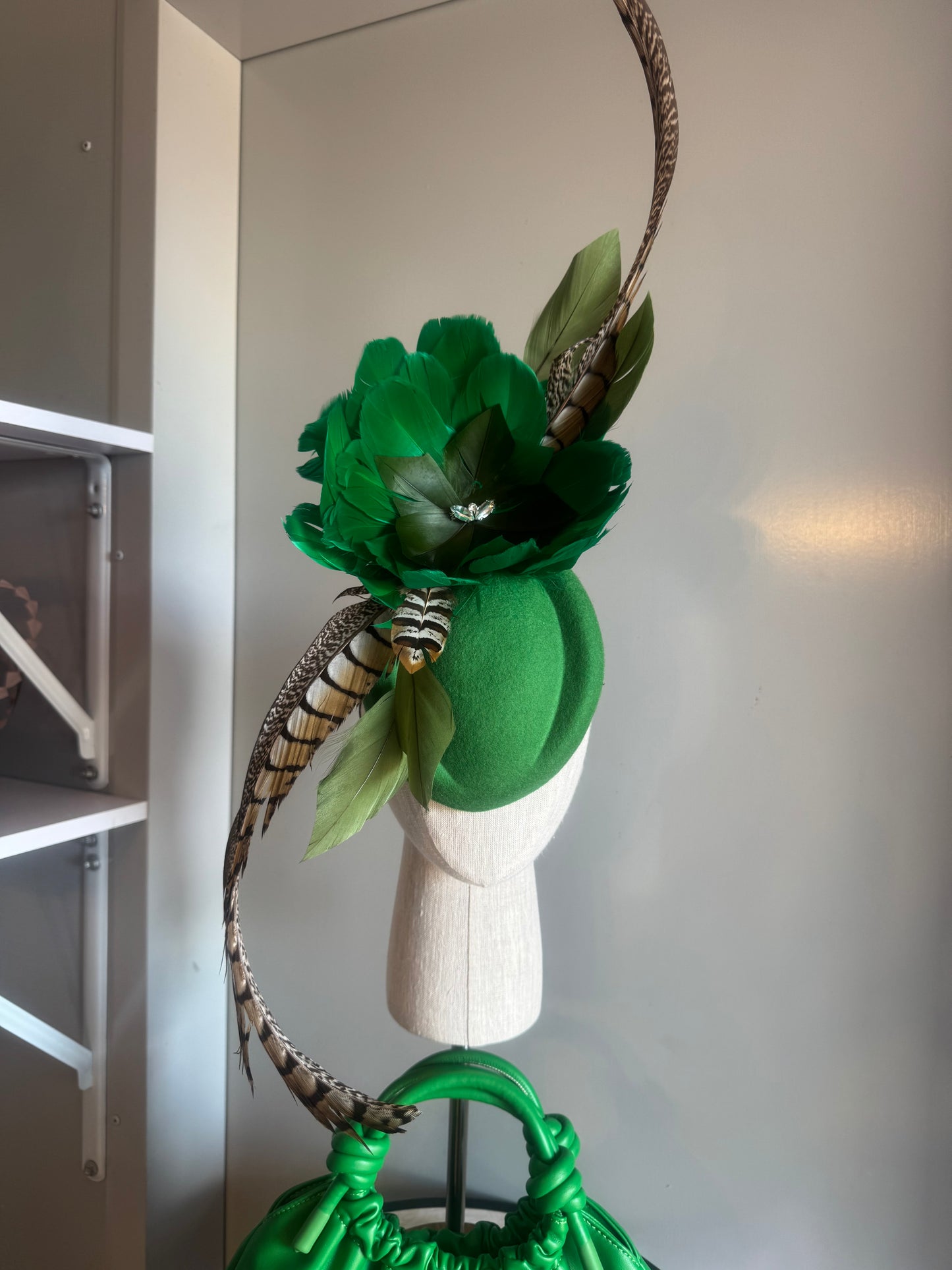 “Carla” Green feather statement felt/wool pillbox