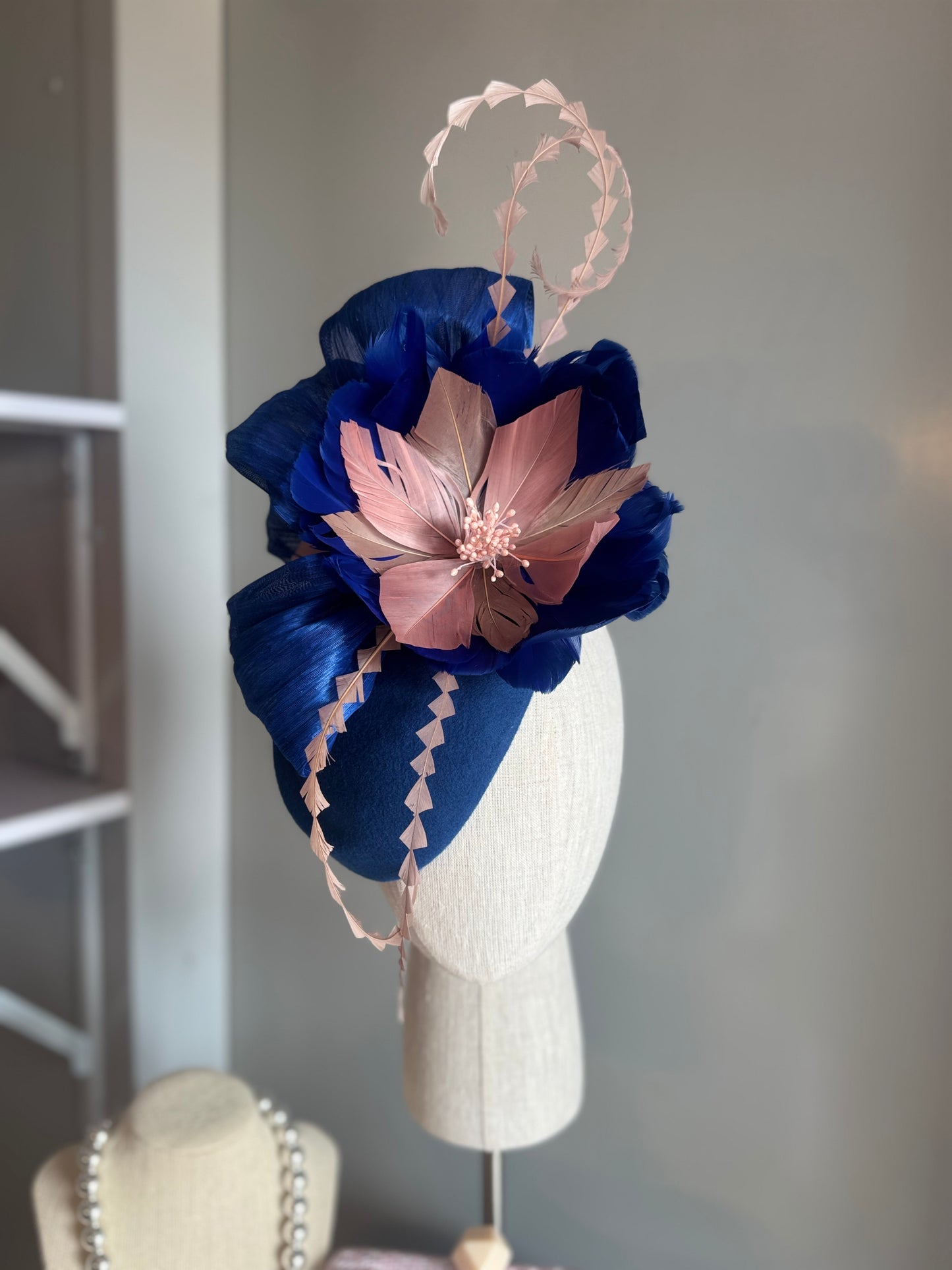 “Cynthea” blue,pink & latte feather pillbox