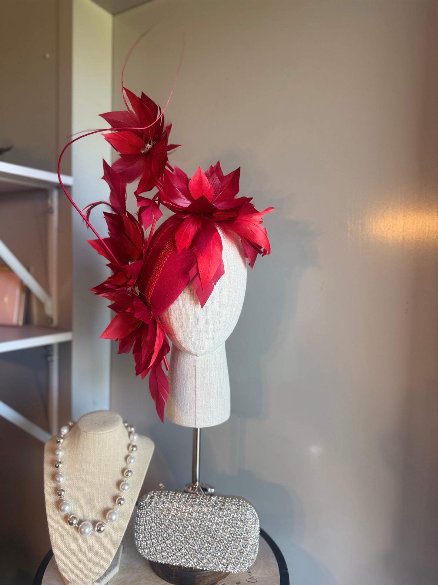 “Odette” Red feather statement felt/wool pillbox