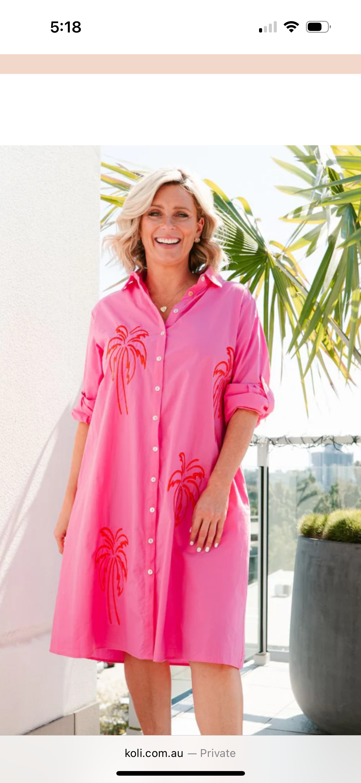 Bridie pink palm cotton shirt dress Size Medium (10-12) sizing runs large