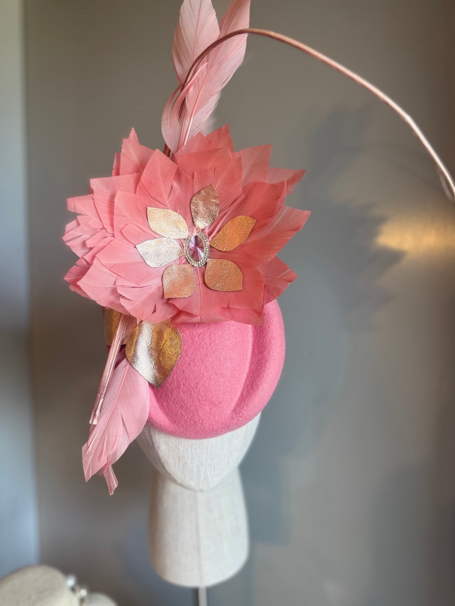 “Trish” pink & Rose gold feather statement
