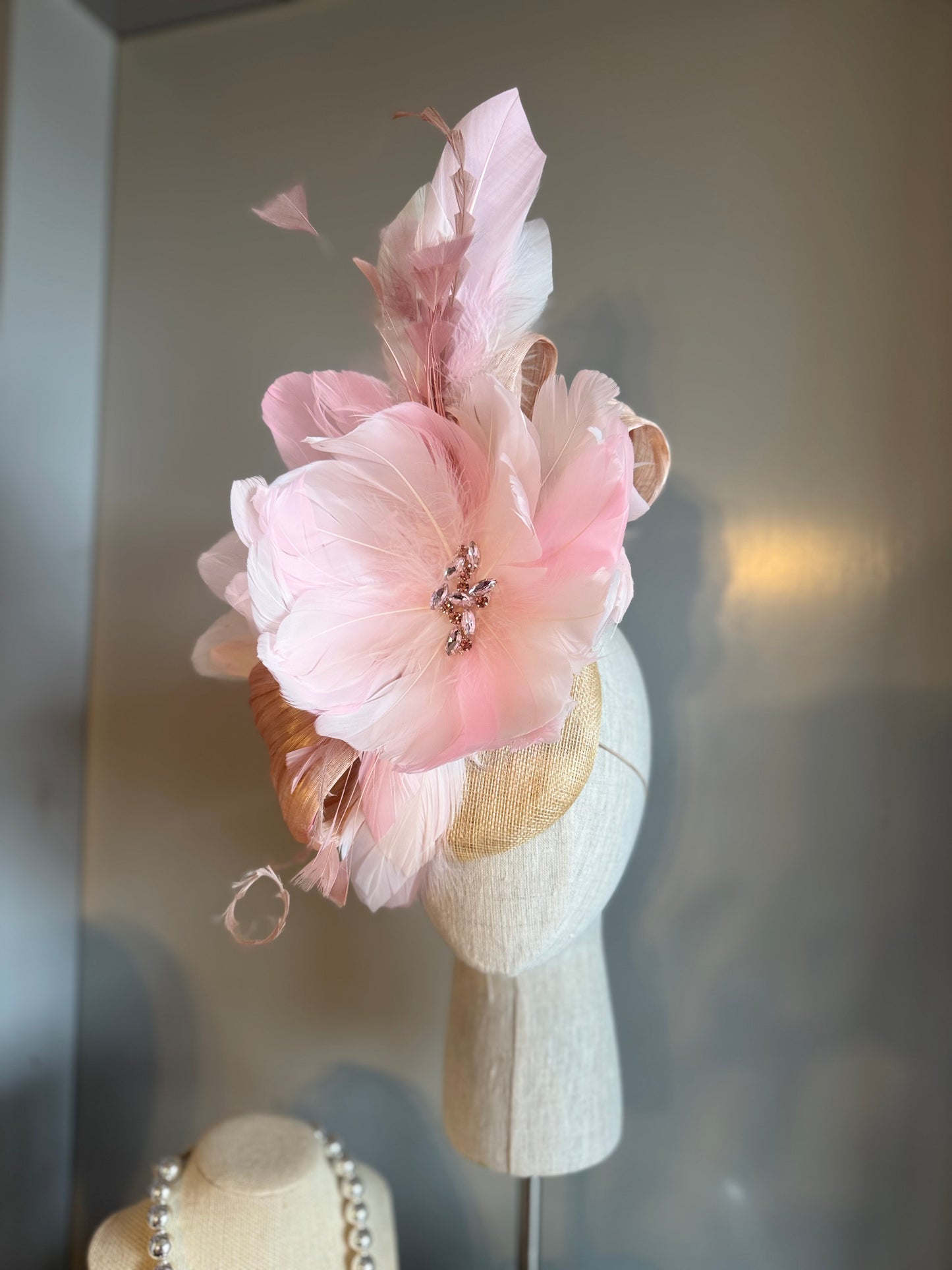 “Aubrey” soft pinks & cream feather floral statement