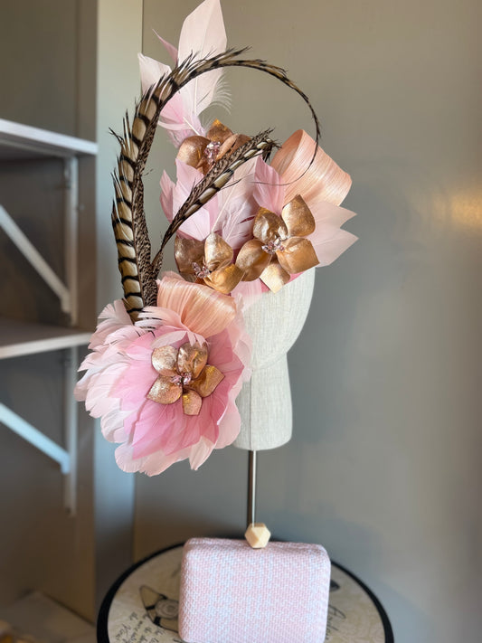 “Maggie” pink feather felt/wool & leather  statement pillbox