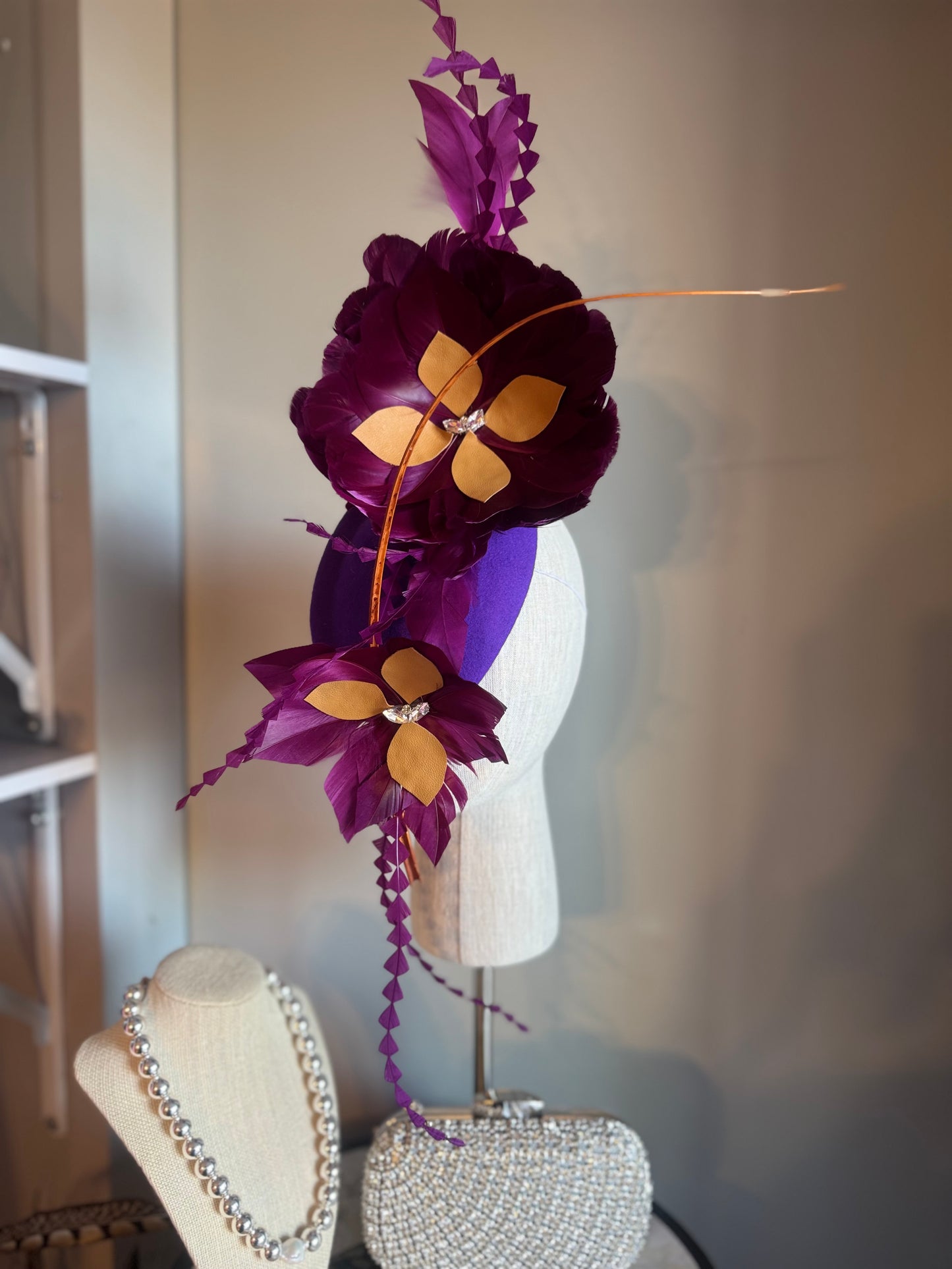 “Mimi” purple and tan feather felt/wool pillbox
