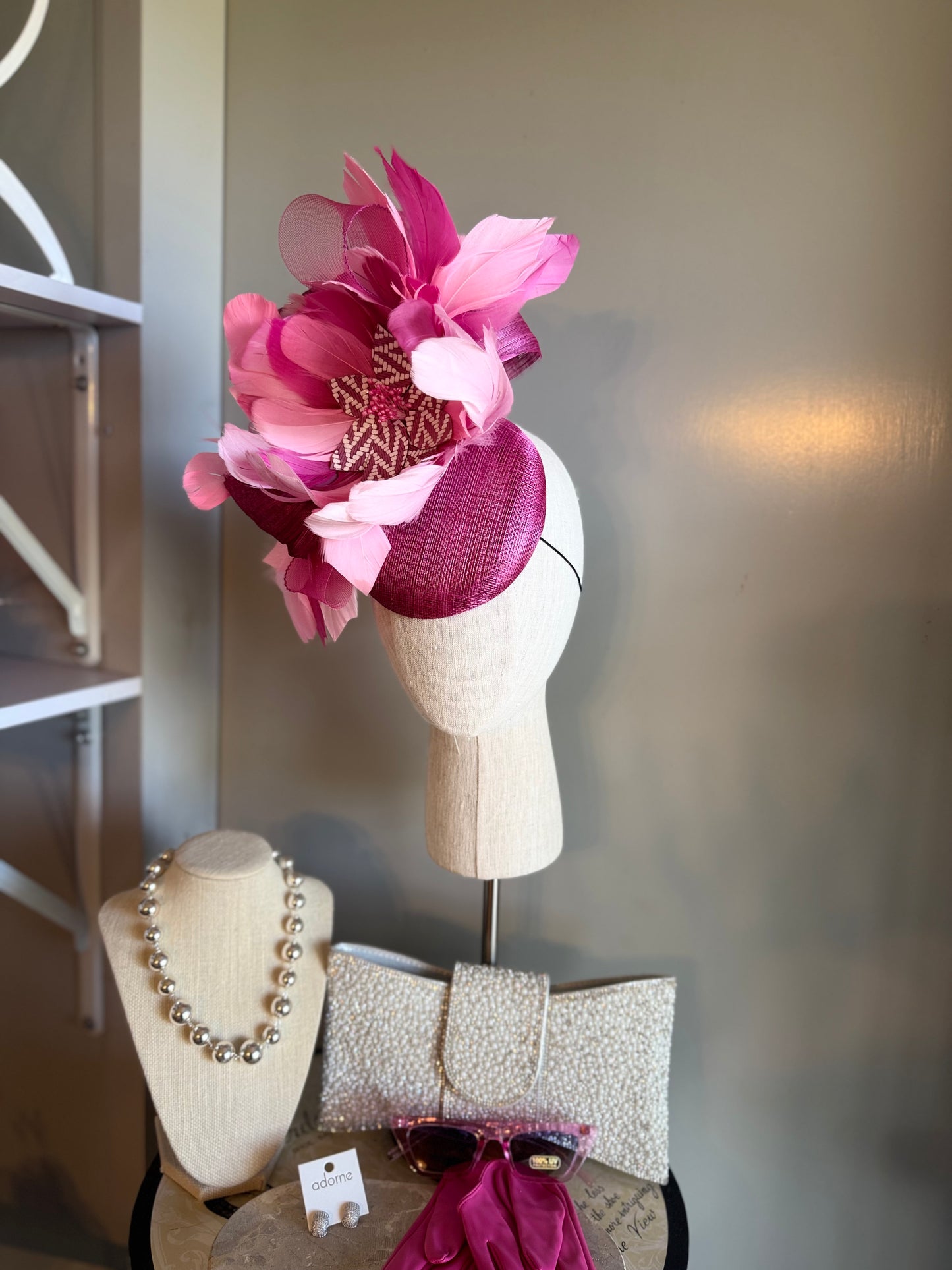 “Dimity” pink feather floral statement fascinator