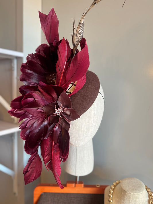 “Ezra” chocolate & Burgundy felt/wool pillbox