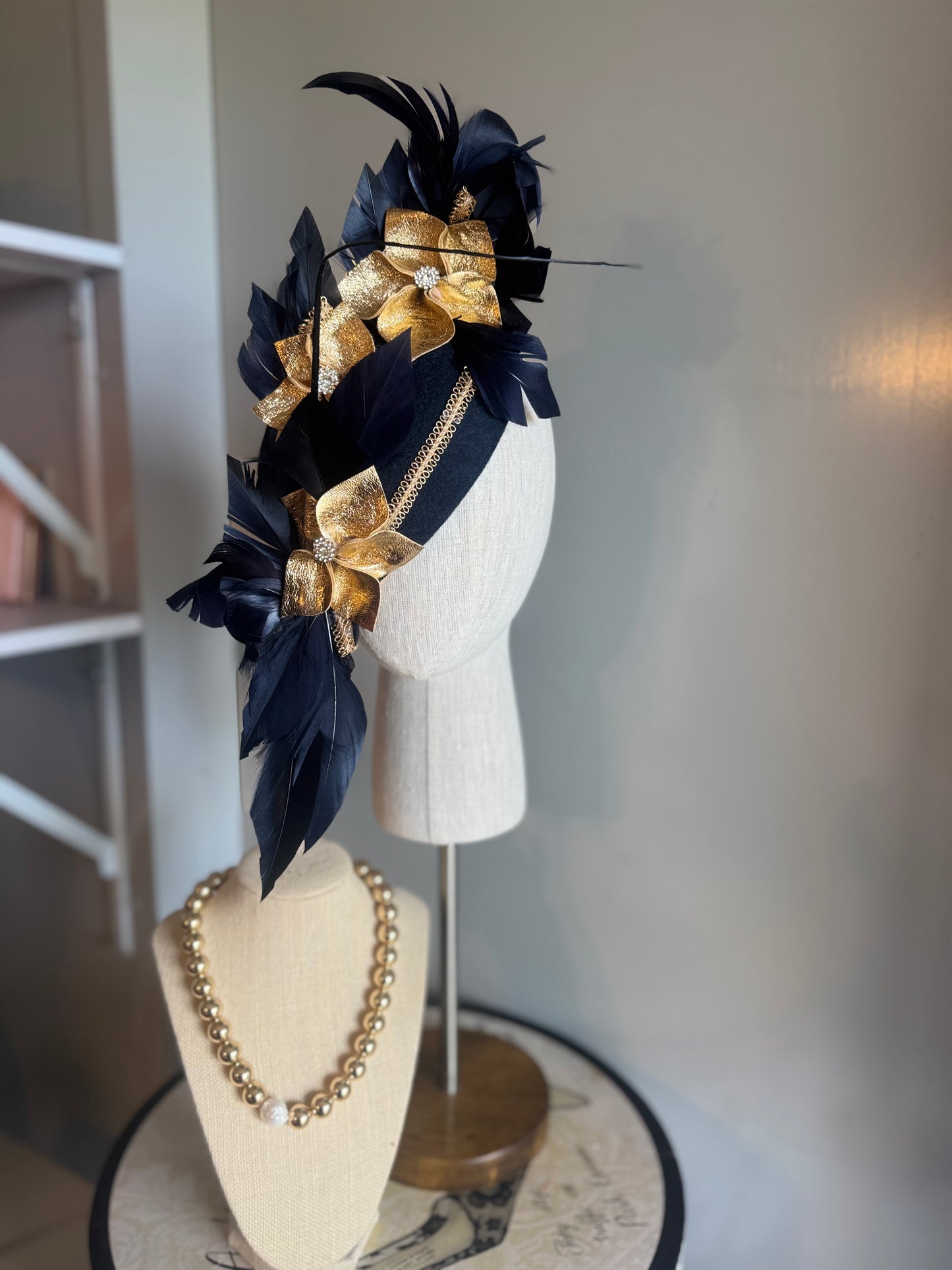 “Rita” Navy and Gold leather felt/wool pillbox