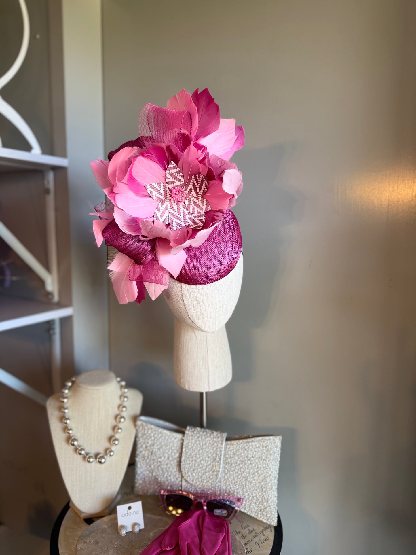 “Dimity” pink feather floral statement fascinator