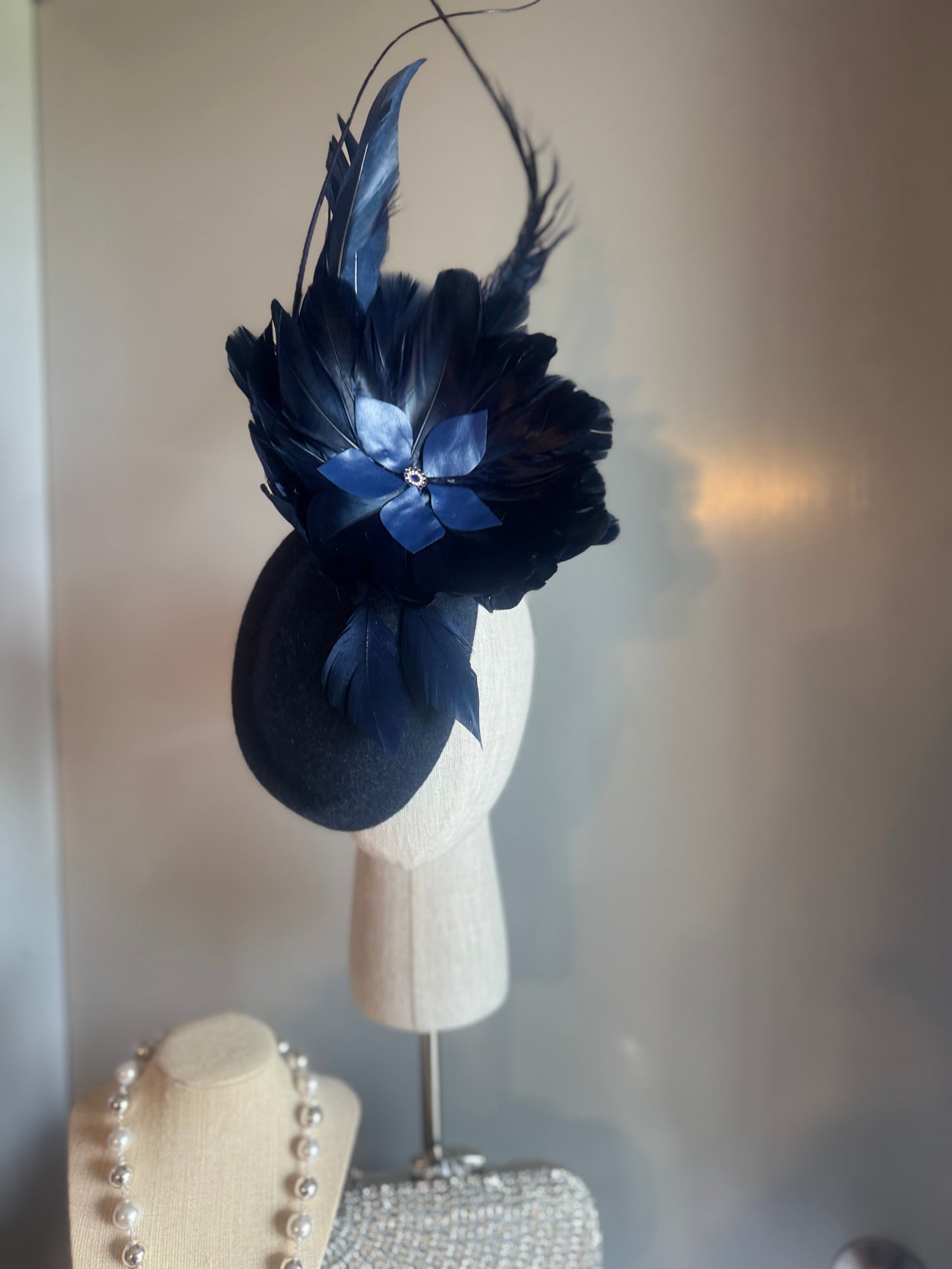 “Morgan” Navy feather statement pillbox