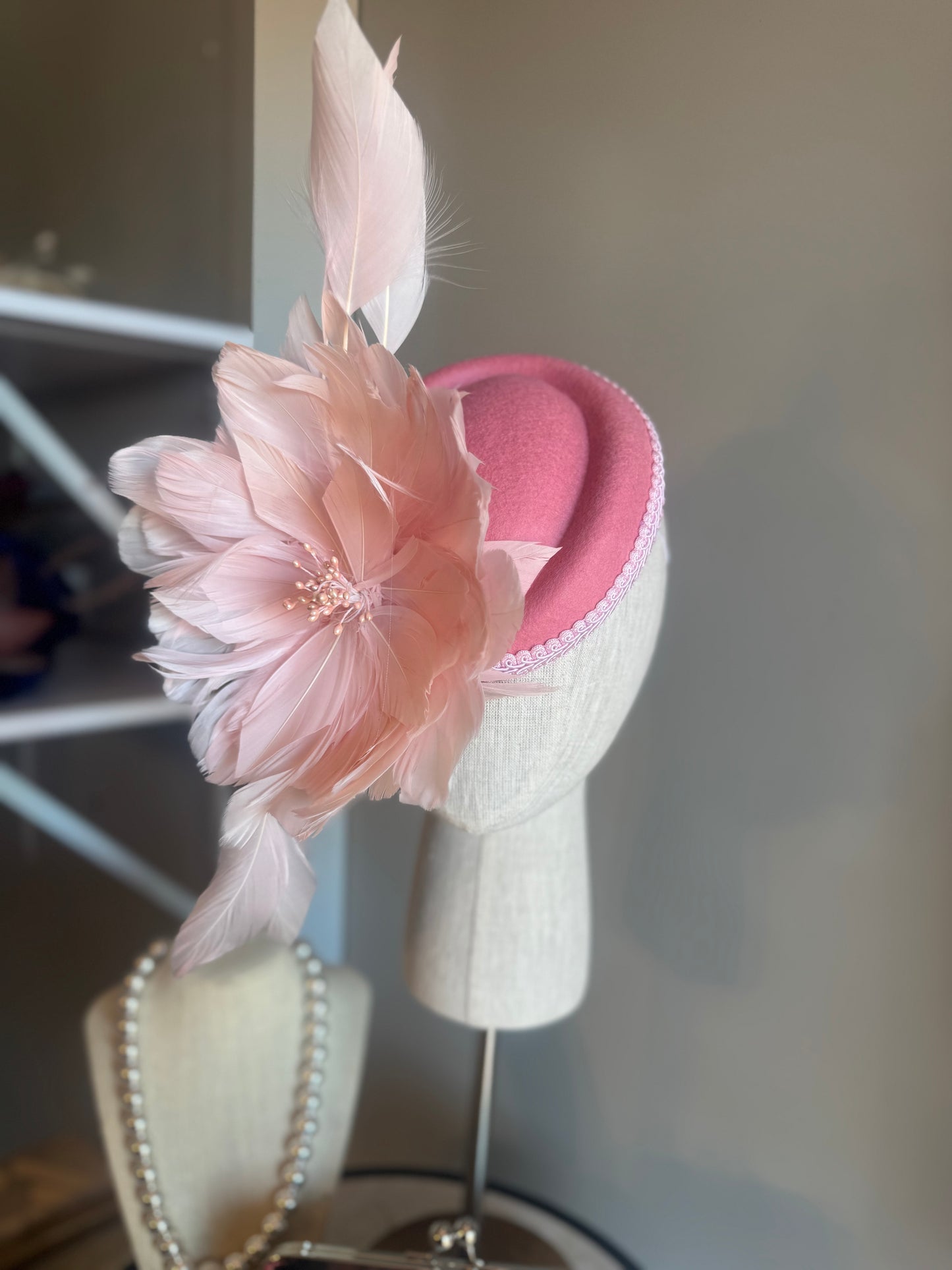 “Merridi” pink feather statement pillbox
