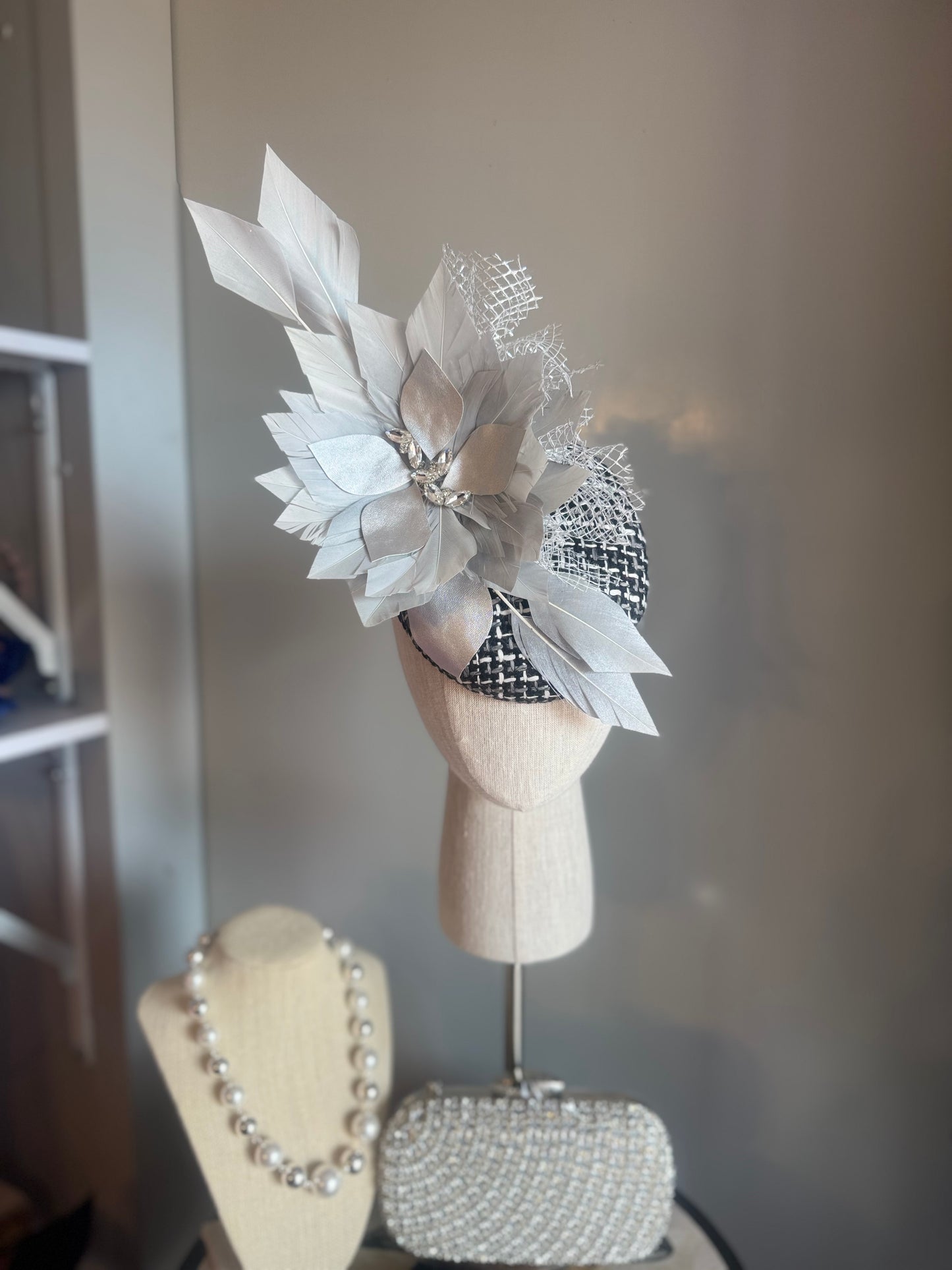 “Beatrice” Silver grey, black & white feather felt/wool statement