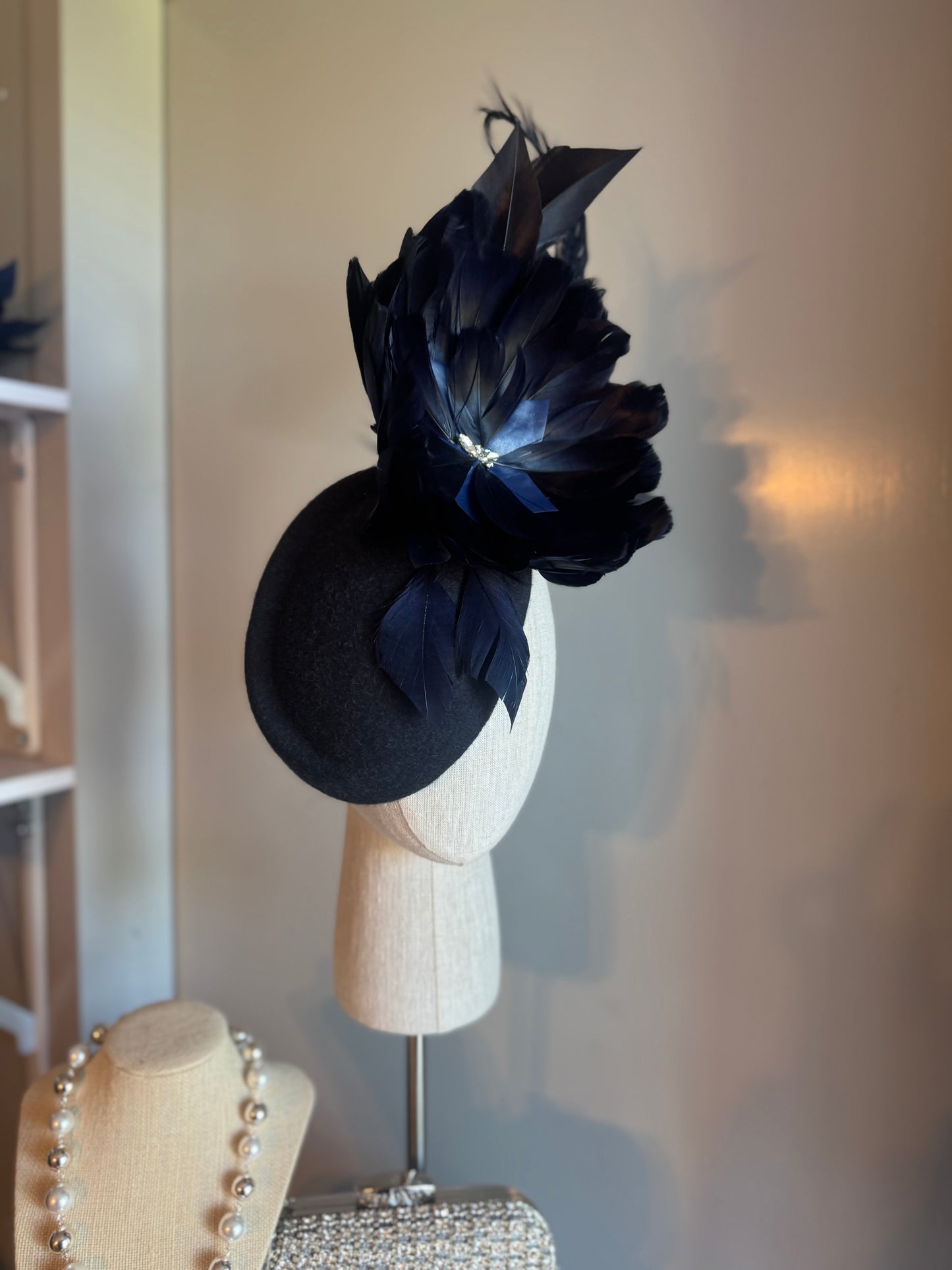 “Laura” Navy feather statement pillbox