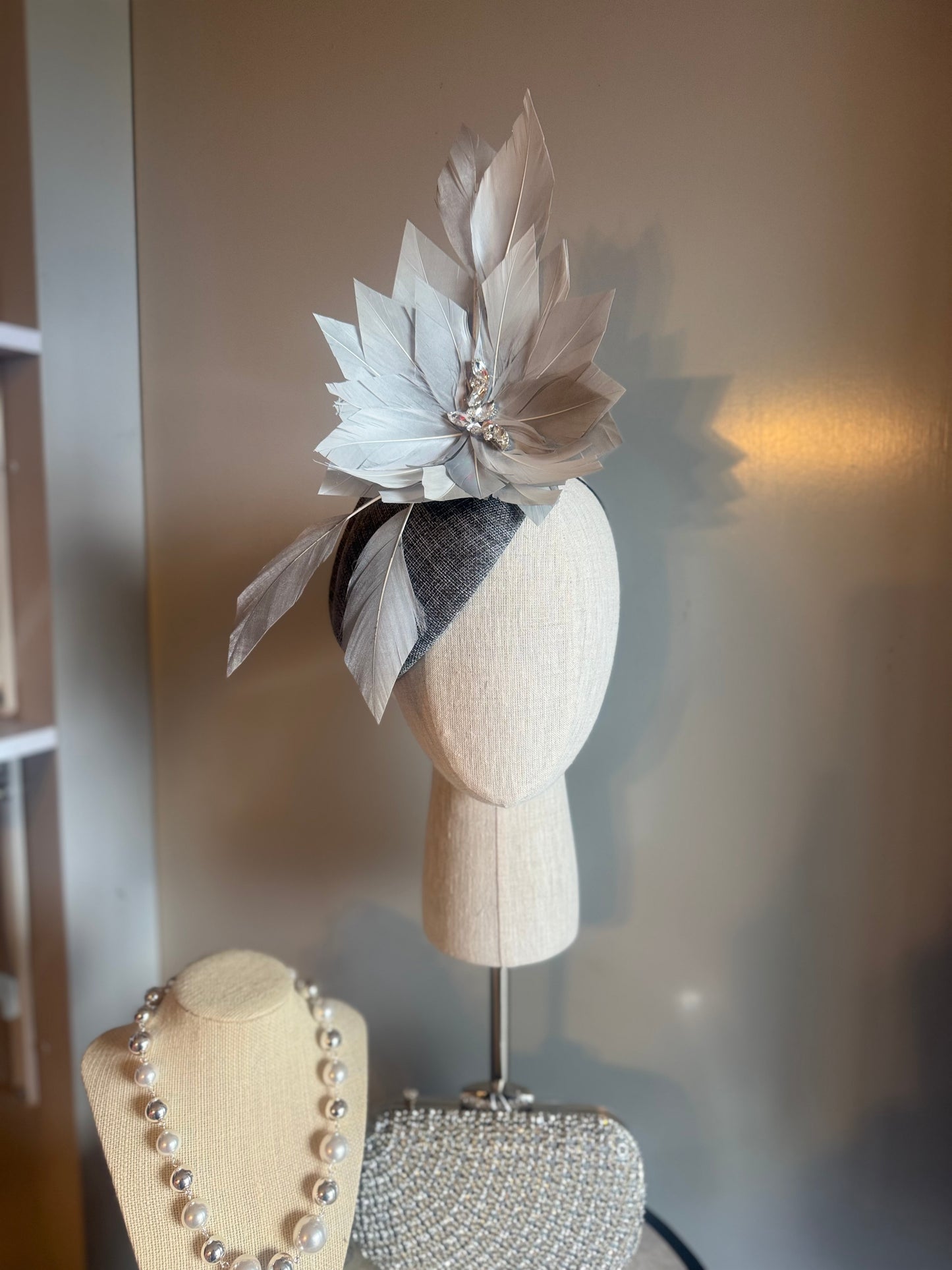 “Sylvie” grey feather linen pillbox
