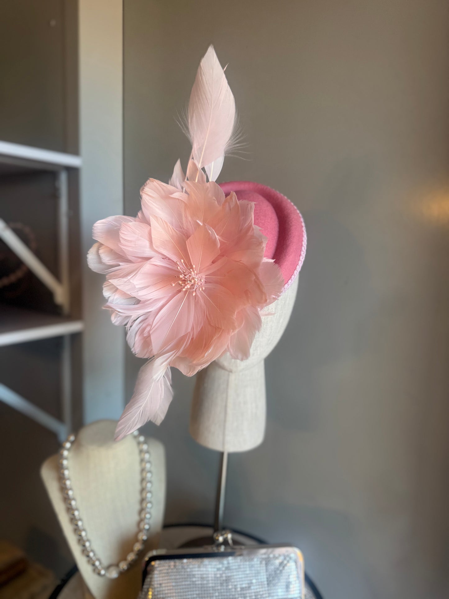 “Merridi” pink feather statement pillbox