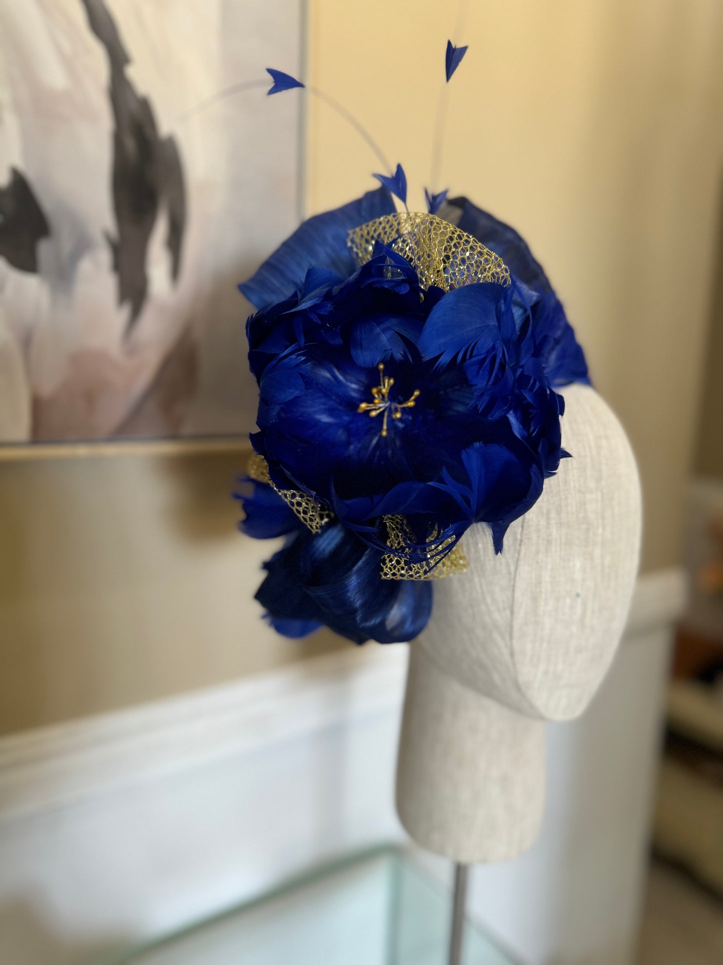 “Roslyn” cobalt & gold feather floral