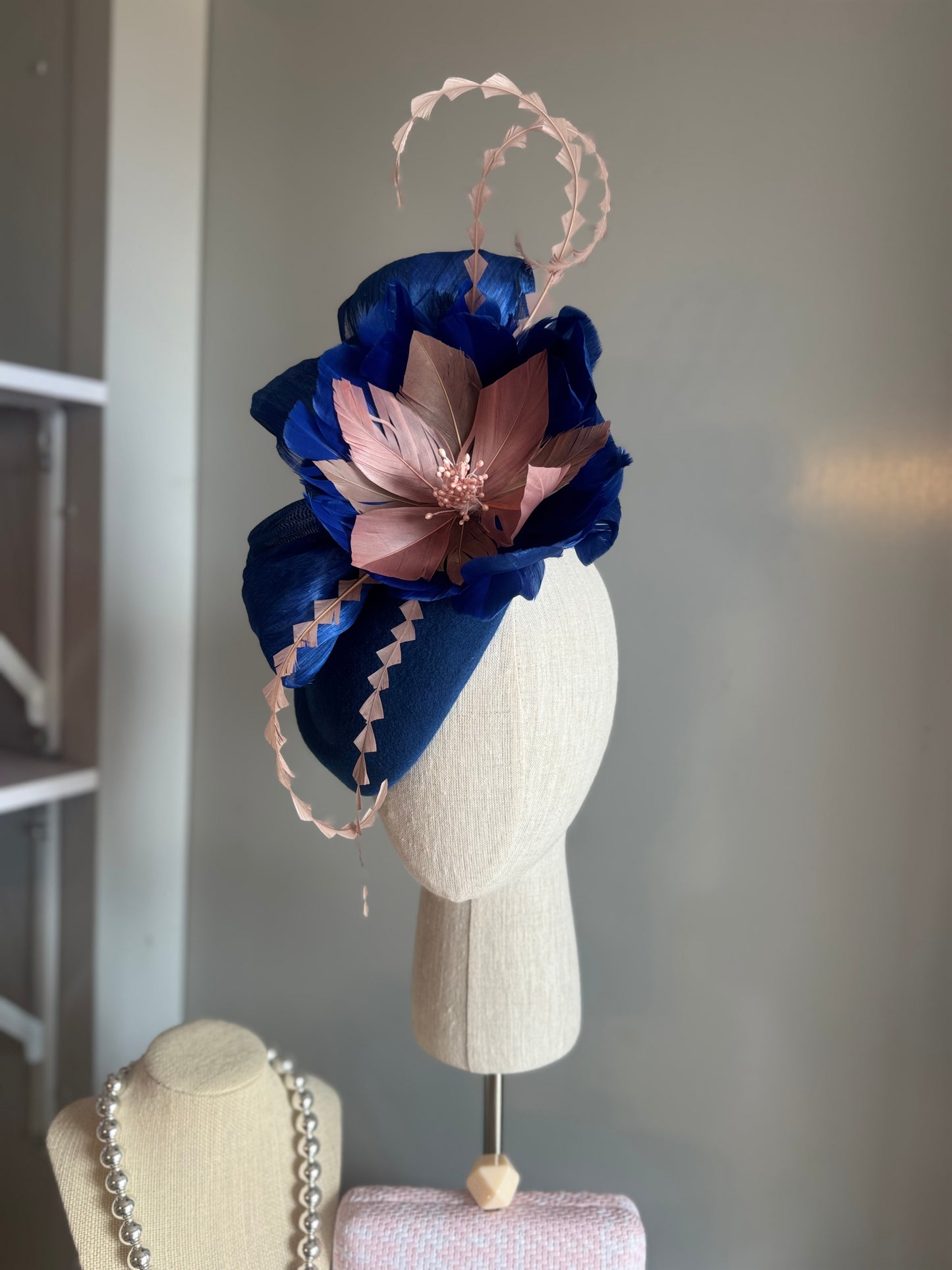 “Cynthea” blue,pink & latte feather pillbox