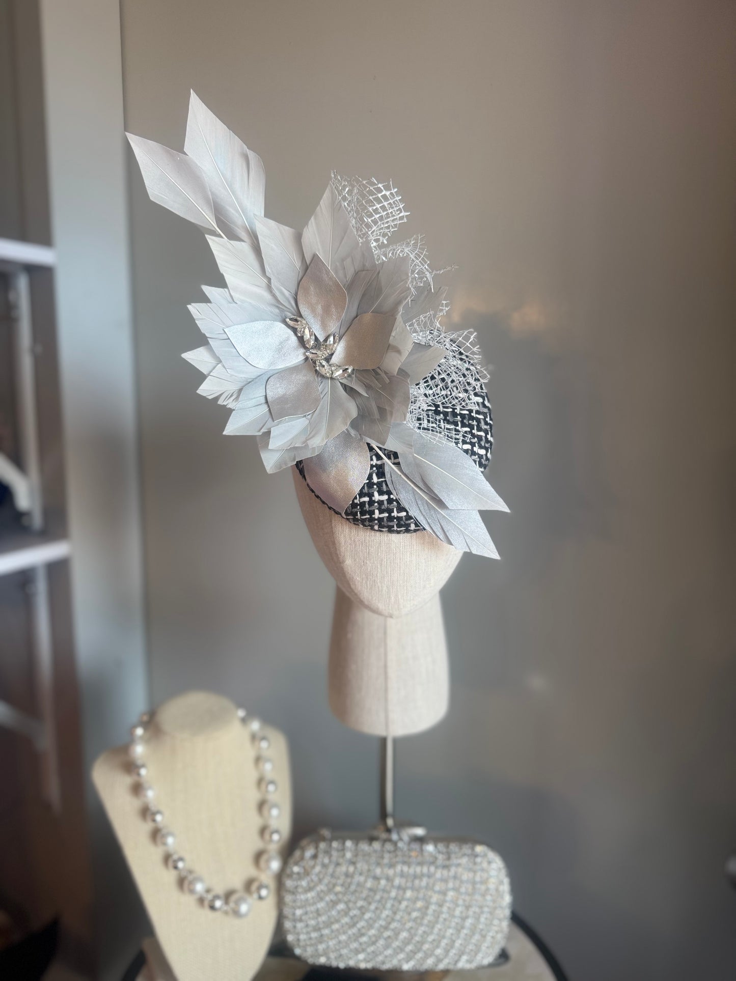 “Beatrice” Silver grey, black & white feather felt/wool statement