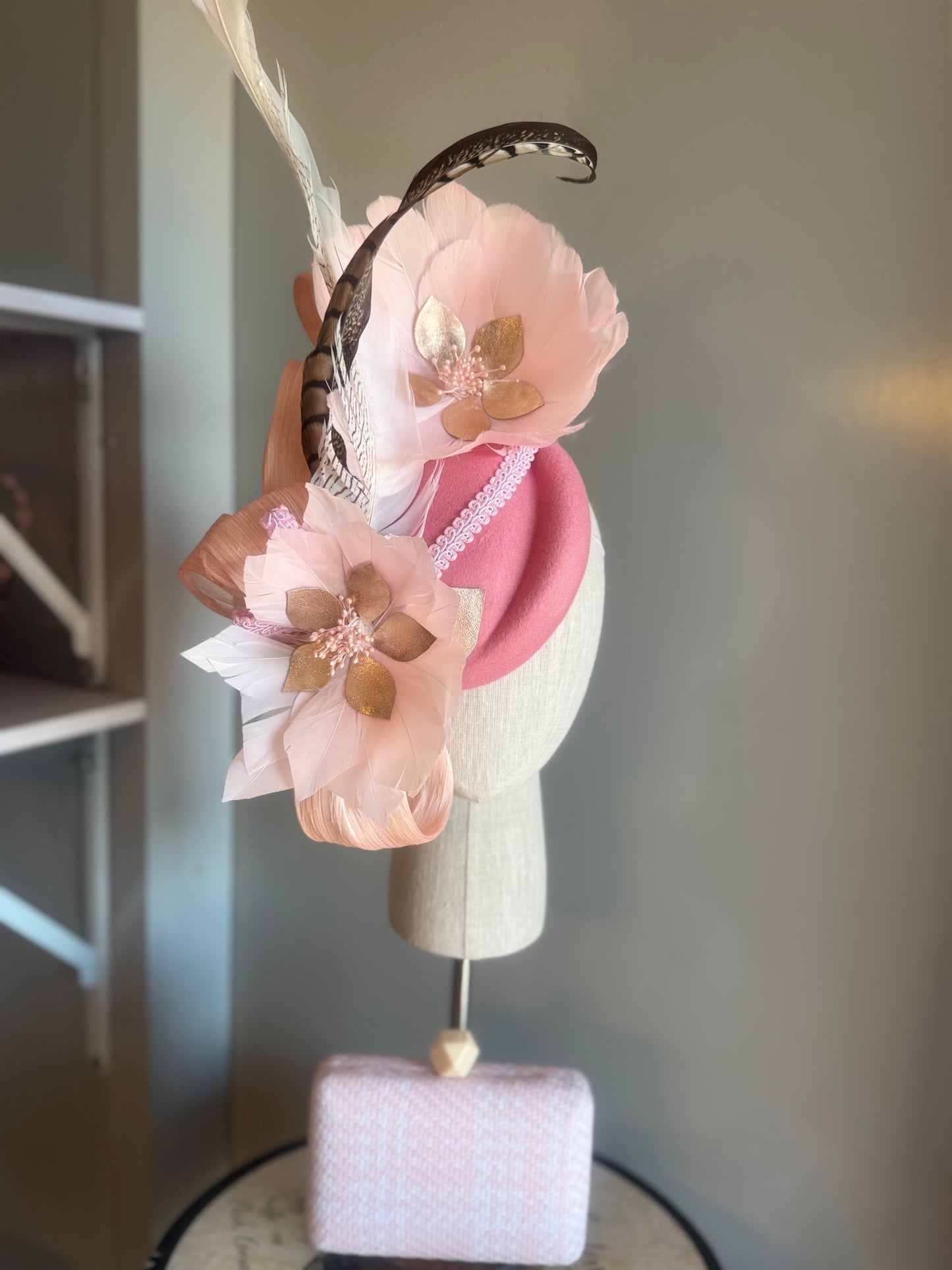 “Jessie” pink feather statement felt/wool pillbox