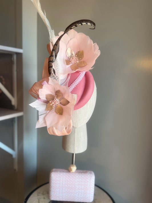 “Jessie” pink feather statement felt/wool pillbox