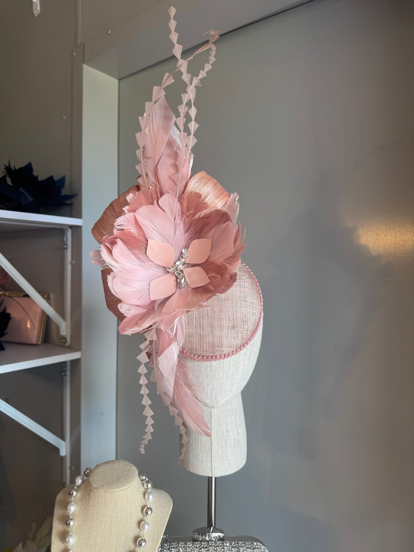 “Melinda” blush pink feather statement