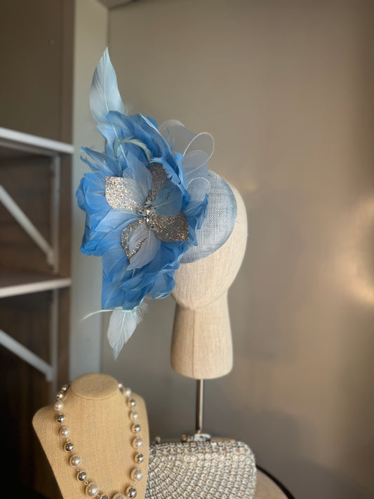 “Lettie” blue & silver feather statement