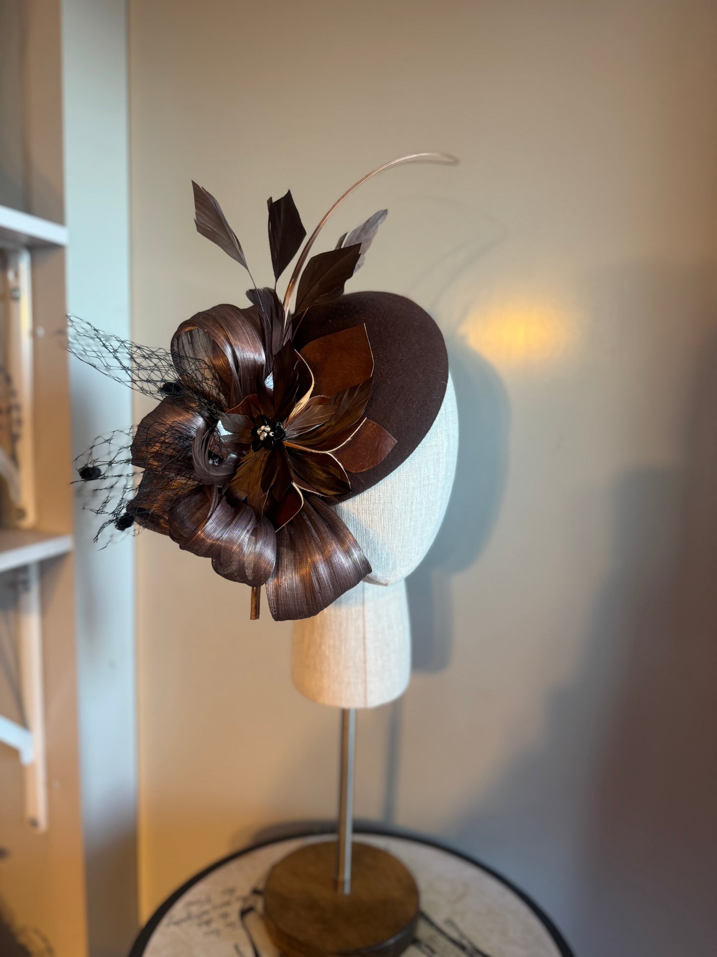 “Lucy” chocolate & black felt/wool pillbox