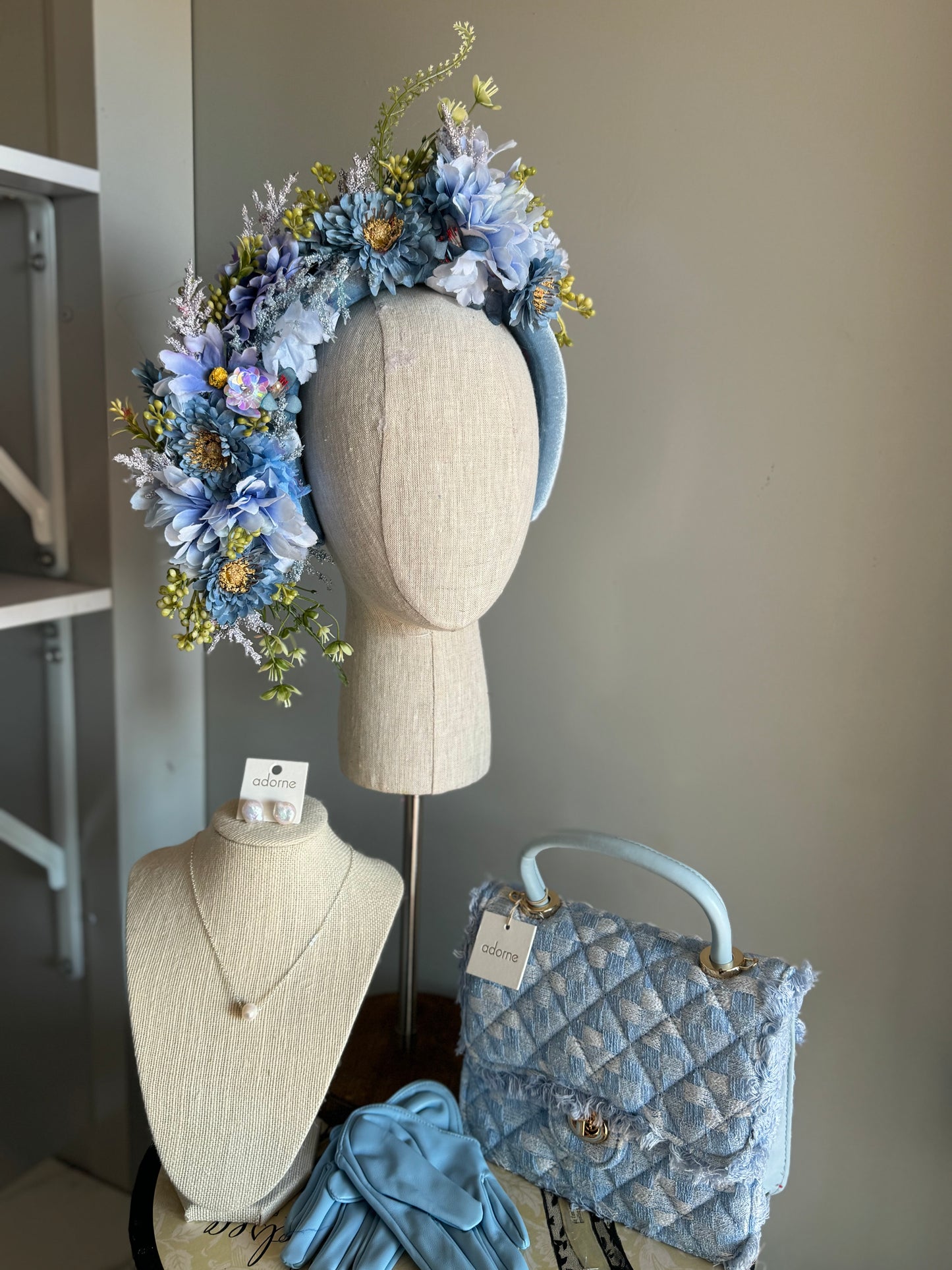 “Kaeleigh” soft blue floral fascinator
